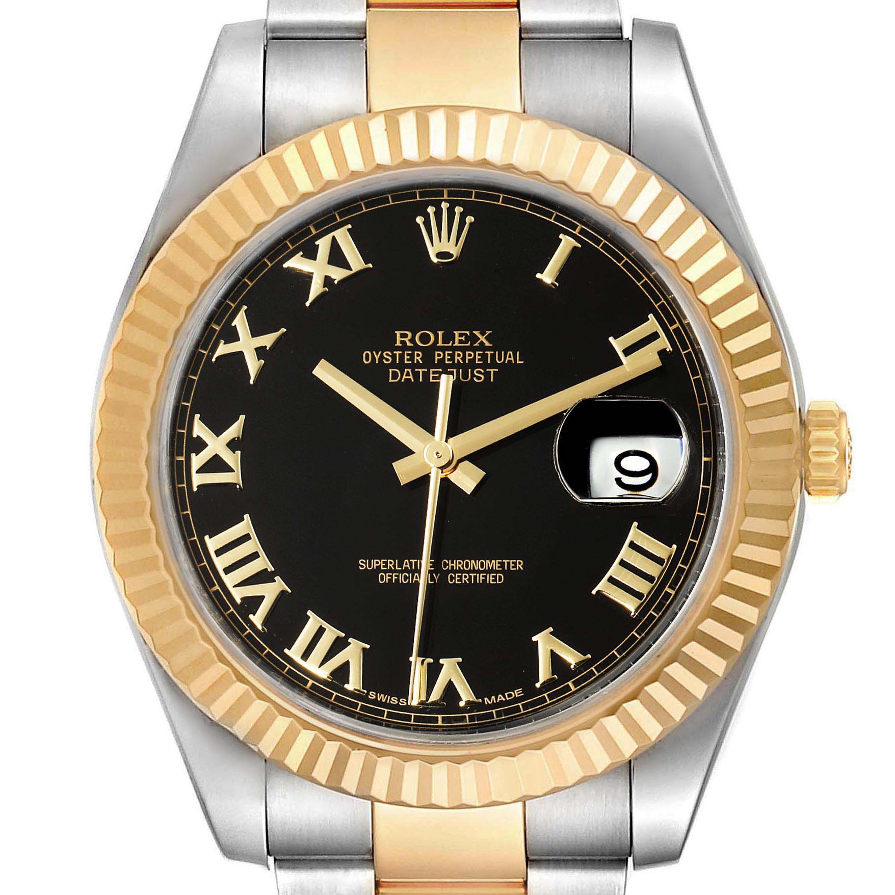 This is a close-up, front-facing view of the Rolex Datejust 41 116333 Men's Steel and Gold (two tone) Black Dial 116333 Men's Steel and Gold (two tone) Black Dial watch, showing the dial, hands, bezel, and part of the bracelet.