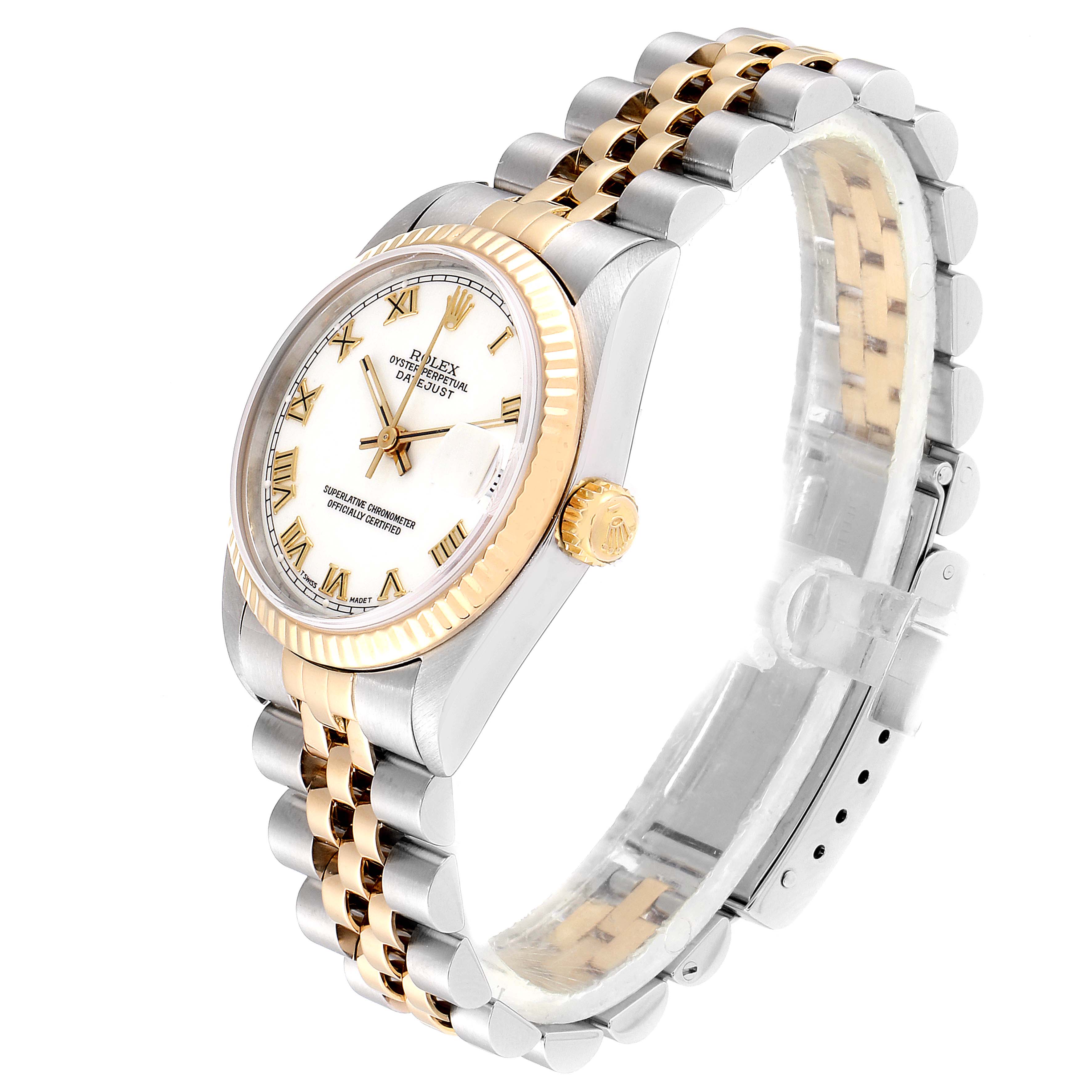 This image shows a side angle of the Rolex Mid-Size 68273 Women
s Steel and Gold (two tone) White Dial 68273 Women
s Steel and Gold (two tone) White Dial model watch, highlighting its two-tone band, fluted bezel, and white dial with Roman numerals.