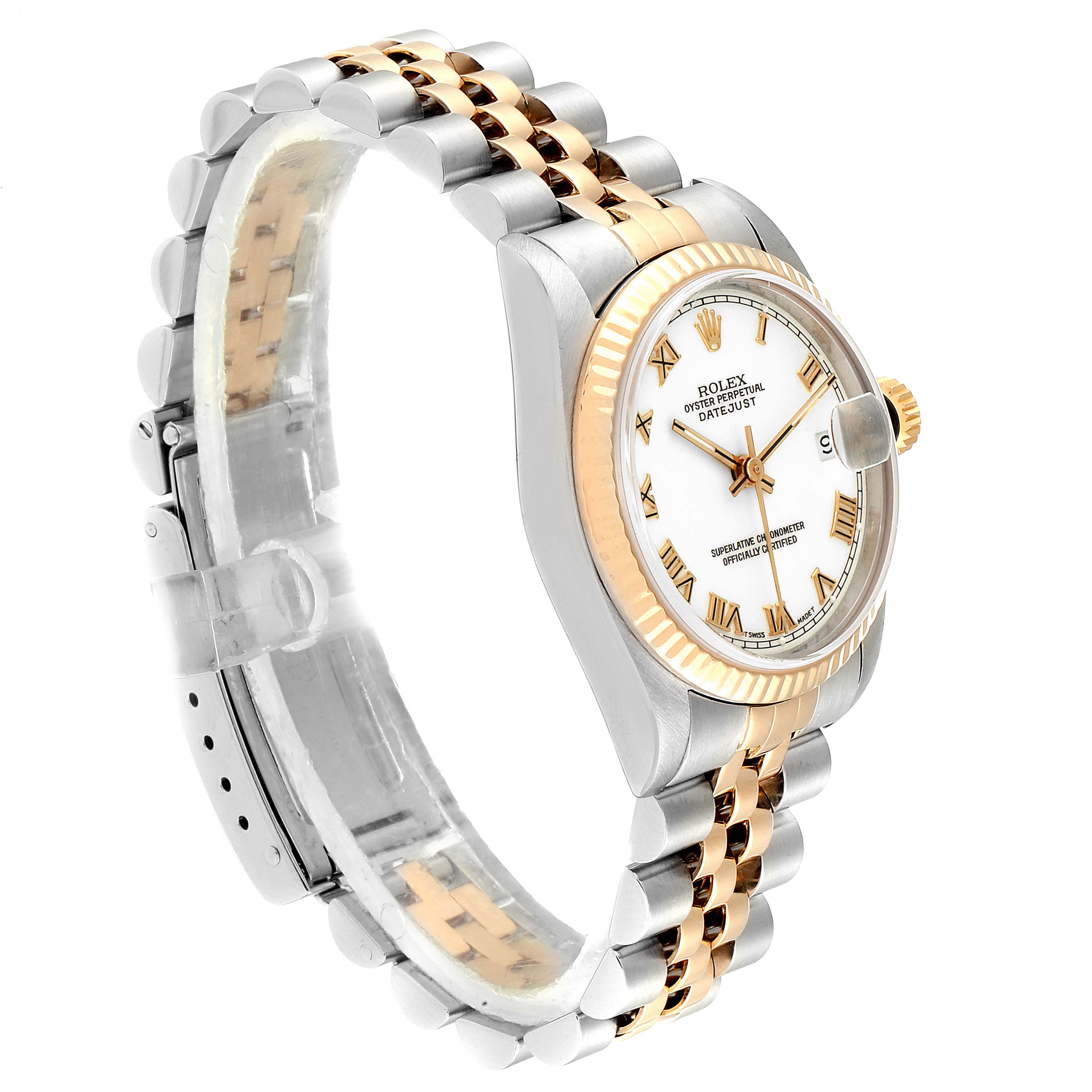 The image shows a side view of a Mid-Size Rolex watch, highlighting its two-tone bracelet, bezel, and dial.