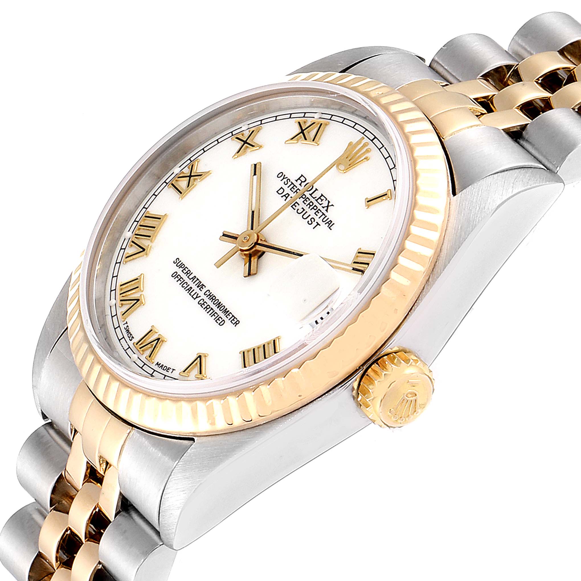 This image shows a side angle of the Rolex Mid-Size 68273 Women
s Steel and Gold (two tone) White Dial 68273 Women
s Steel and Gold (two tone) White Dial Datejust watch, highlighting its crown, bezel, face, and bracelet.