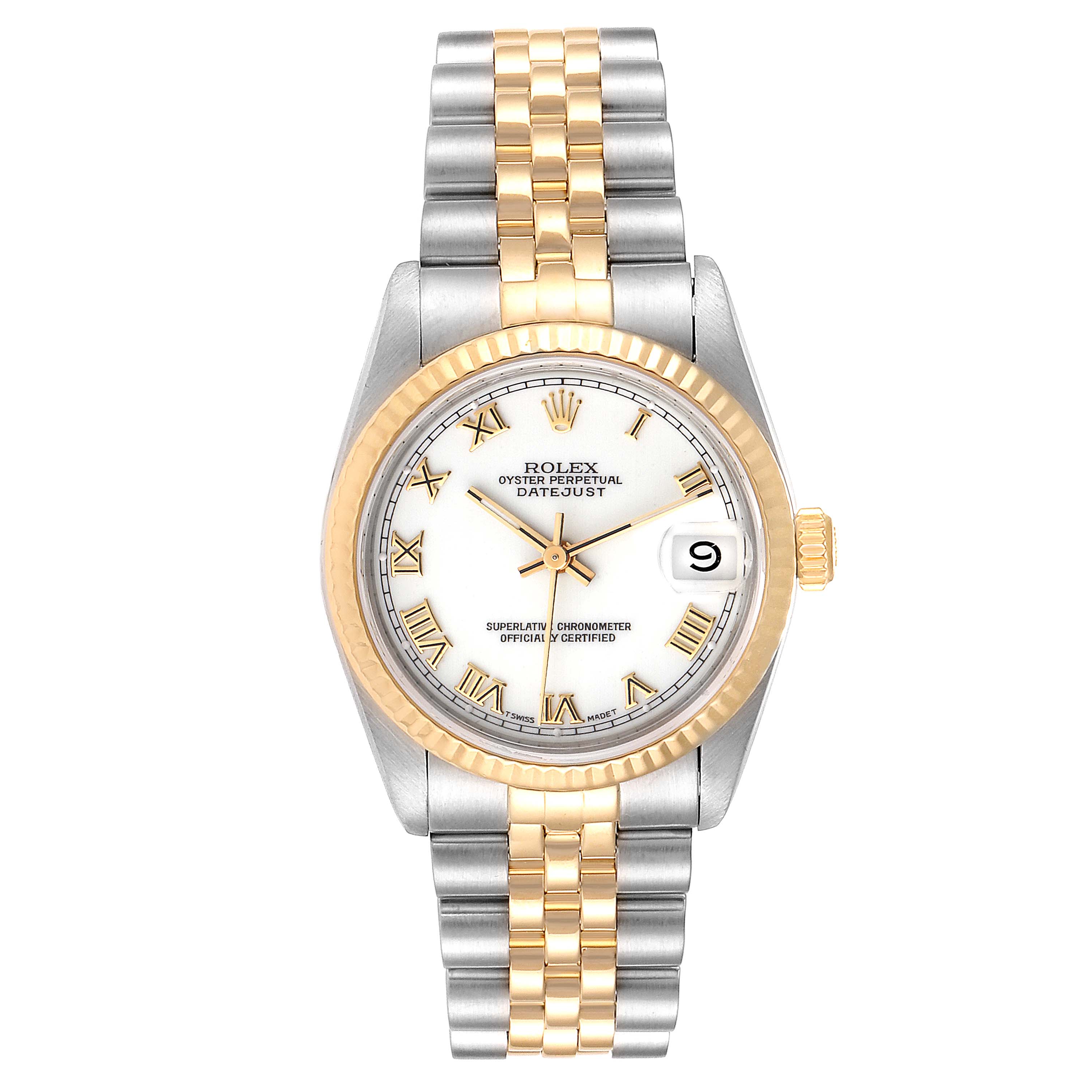 The image shows a frontal view of a Mid-Size Rolex Datejust watch, featuring a white dial with Roman numerals and a two-tone bracelet.