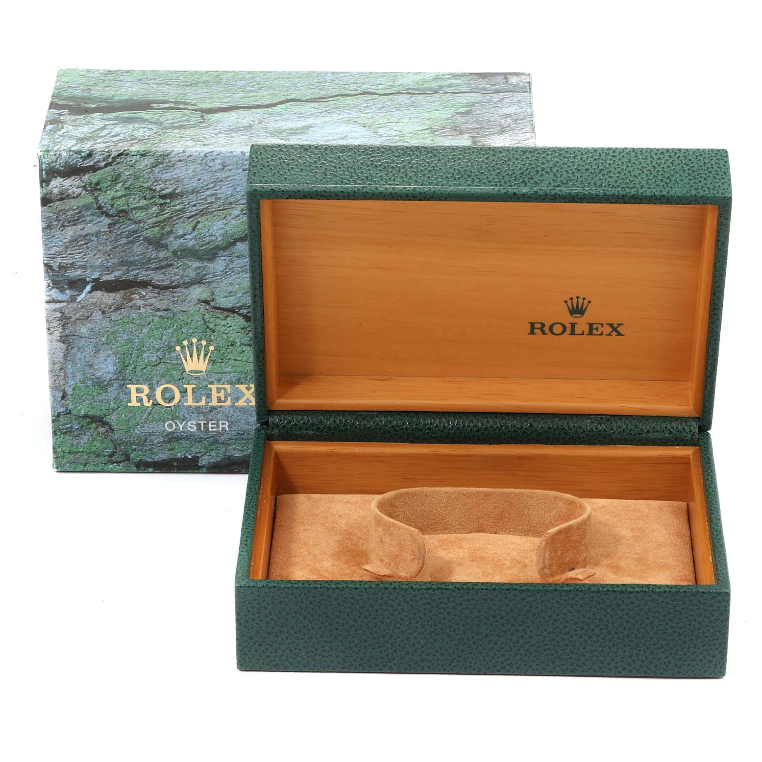 The image shows an open Rolex box with a green textured exterior and wooden interior, showcasing a holder for the Mid-Size model.