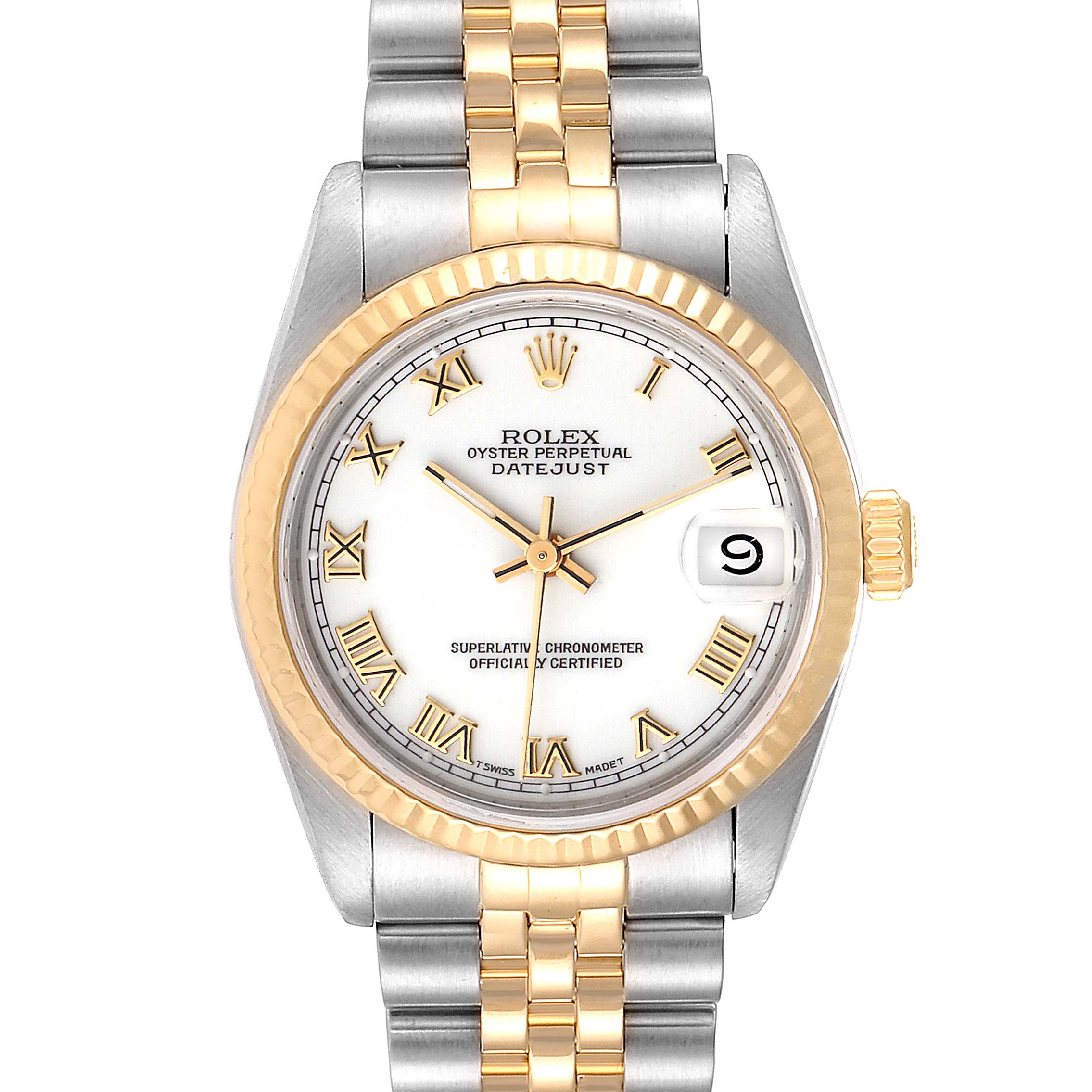 The Rolex Mid-Size 68273 Women
s Steel and Gold (two tone) White Dial 68273 Women
s Steel and Gold (two tone) White Dial model watch is shown from a front angle displaying the face, bezel, and part of the bracelet.