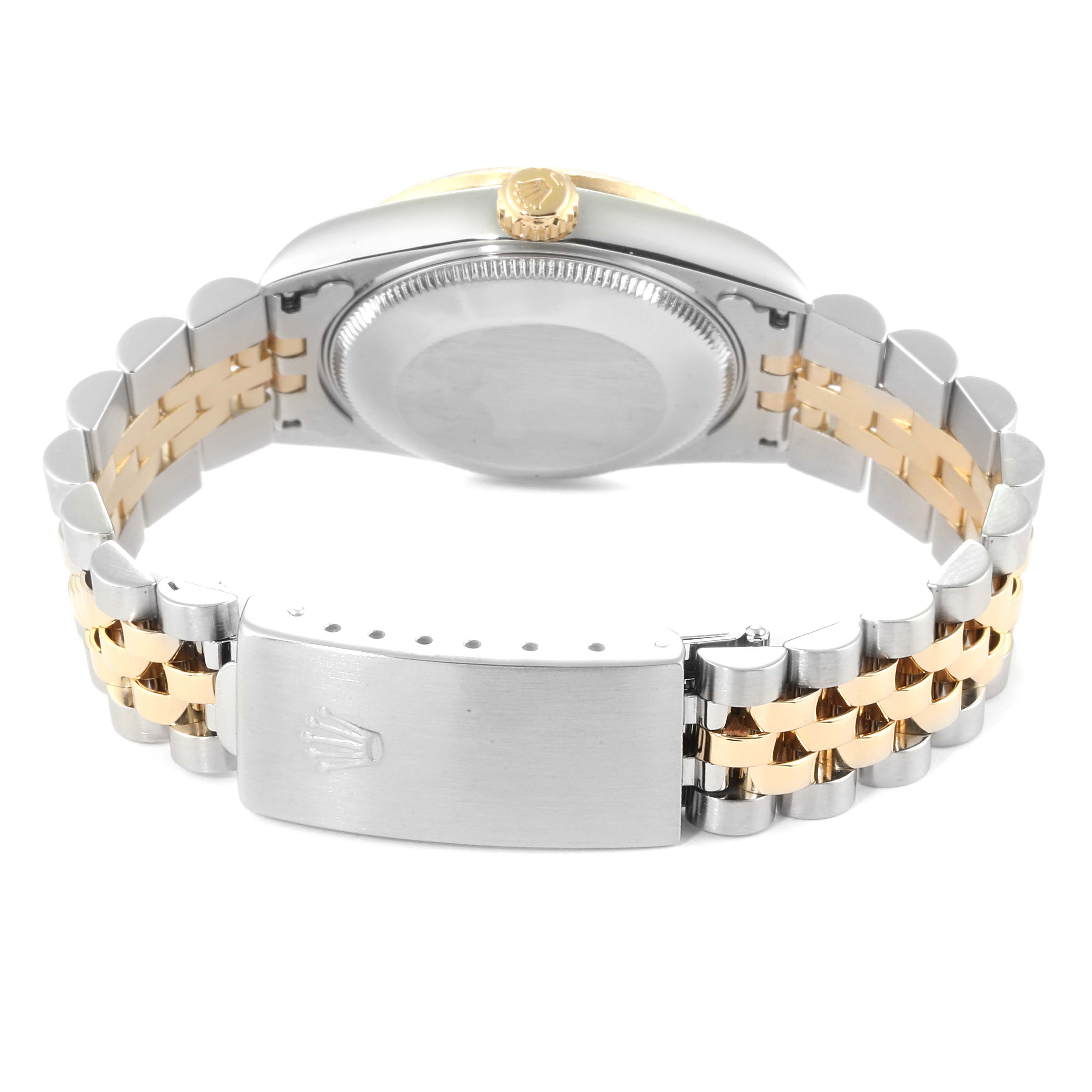 This image shows the back view of the Rolex Mid-Size 68273 Women
s Steel and Gold (two tone) White Dial 68273 Women
s Steel and Gold (two tone) White Dial model watch, highlighting the case back and bracelet clasp.