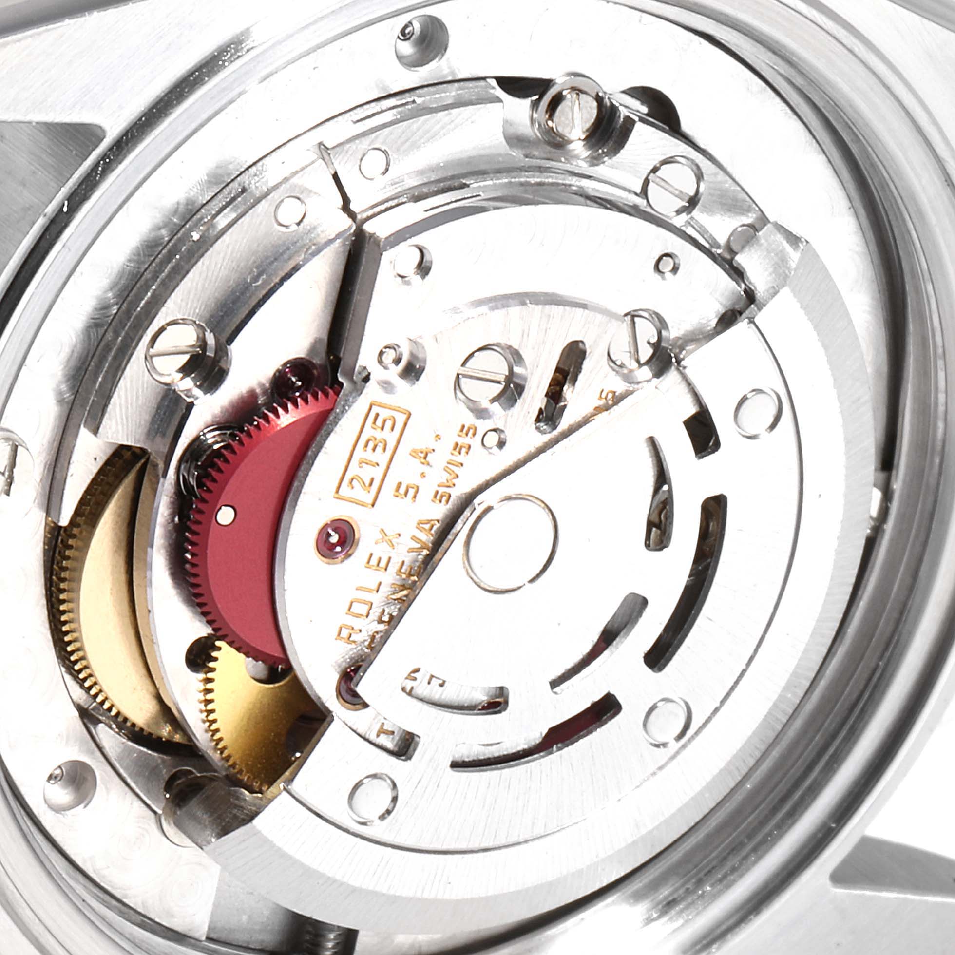 This image shows a close-up view of the movement mechanism in a Rolex Mid-Size 68273 Women
s Steel and Gold (two tone) White Dial 68273 Women
s Steel and Gold (two tone) White Dial model watch.