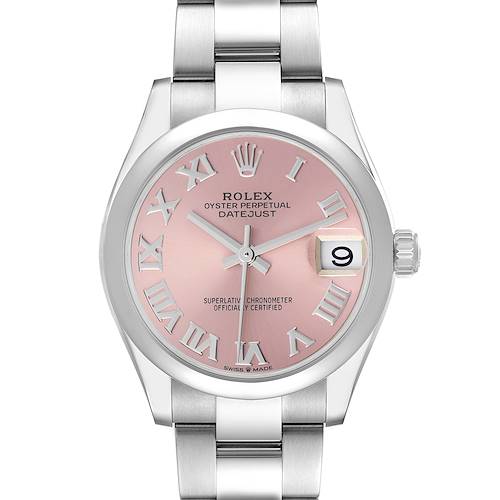 The Rolex Datejust 278240 Women's Stainless Steel Pink Dial watch is shown from a front angle, highlighting the pink dial, Roman numerals, date window, and bracelet.