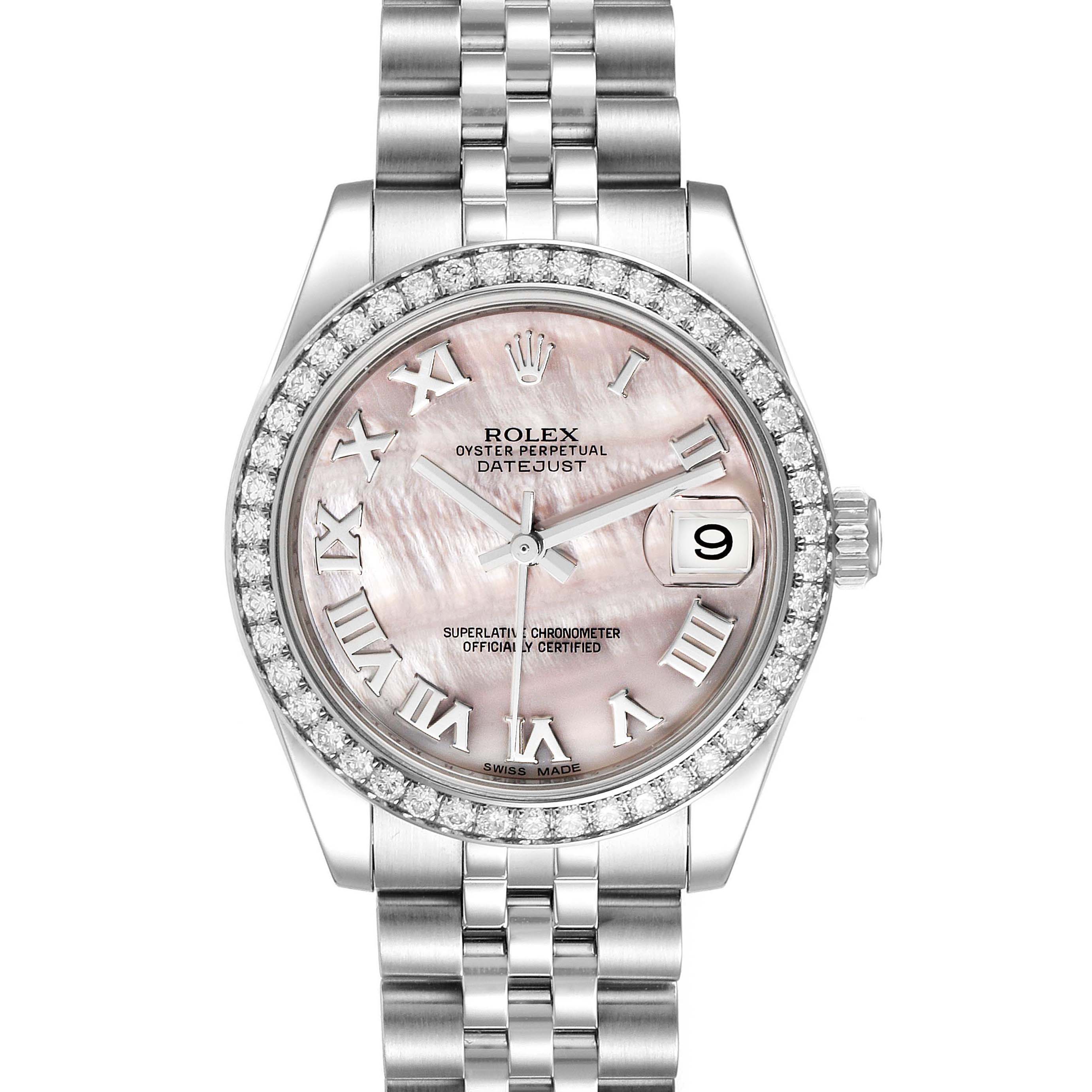 The image displays a frontal view of a Rolex Datejust Mid-Size watch with a mother-of-pearl dial and diamond-set bezel.