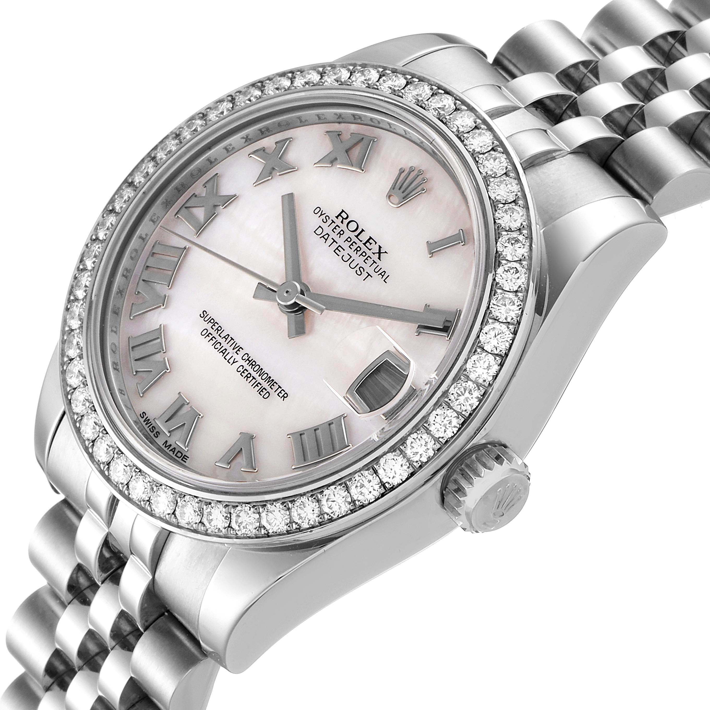 The image shows a Rolex Mid-Size 178384 Women's Stainless Steel Mother of Pearl Dial 178384 Women's Stainless Steel Mother of Pearl Dial Datejust watch at a slight angle, highlighting the bezel, dial, and bracelet.