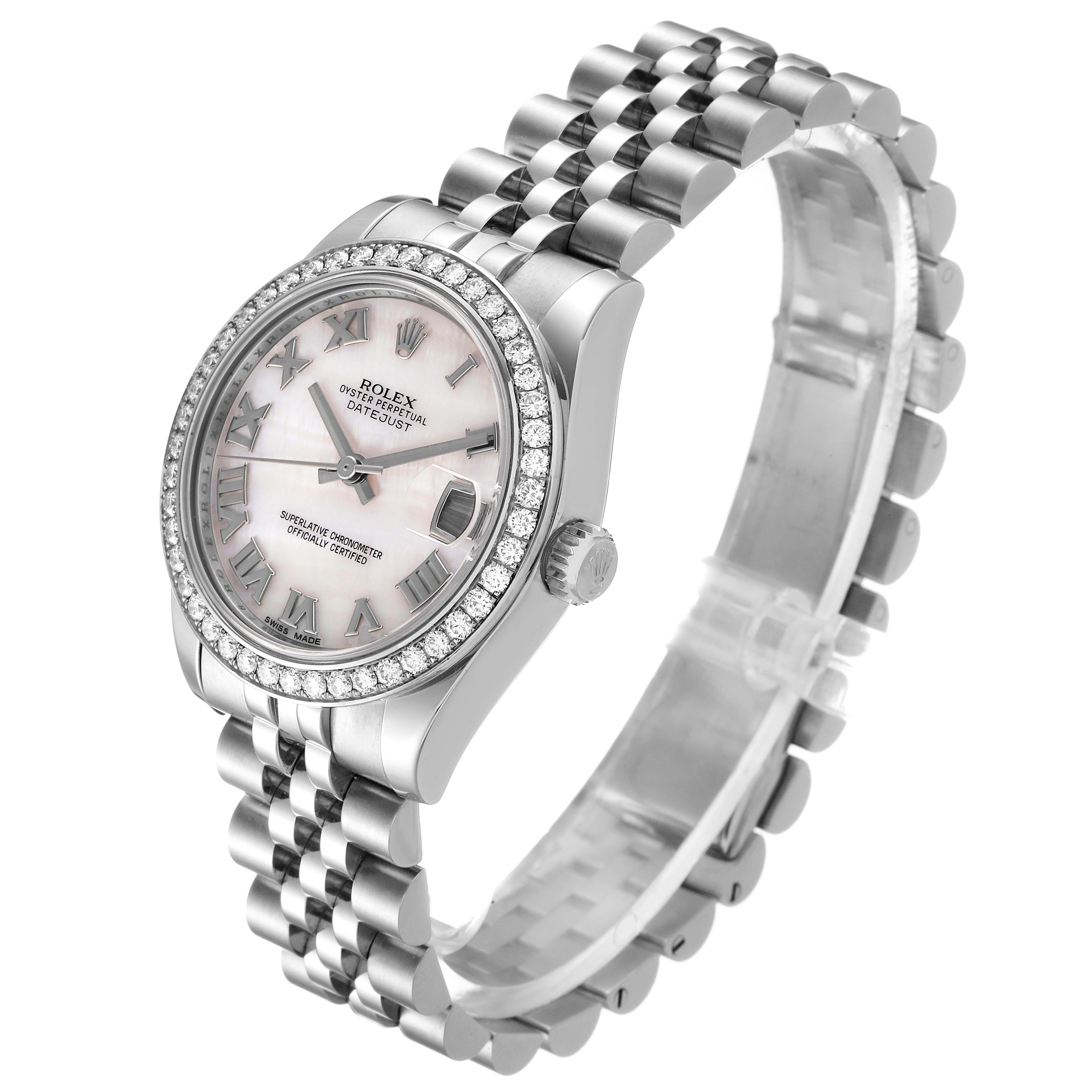 The Rolex Mid-Size 178384 Women's Stainless Steel Mother of Pearl Dial 178384 Women's Stainless Steel Mother of Pearl Dial watch is shown from an angled front view, highlighting the dial, bezel, bracelet, and crown.