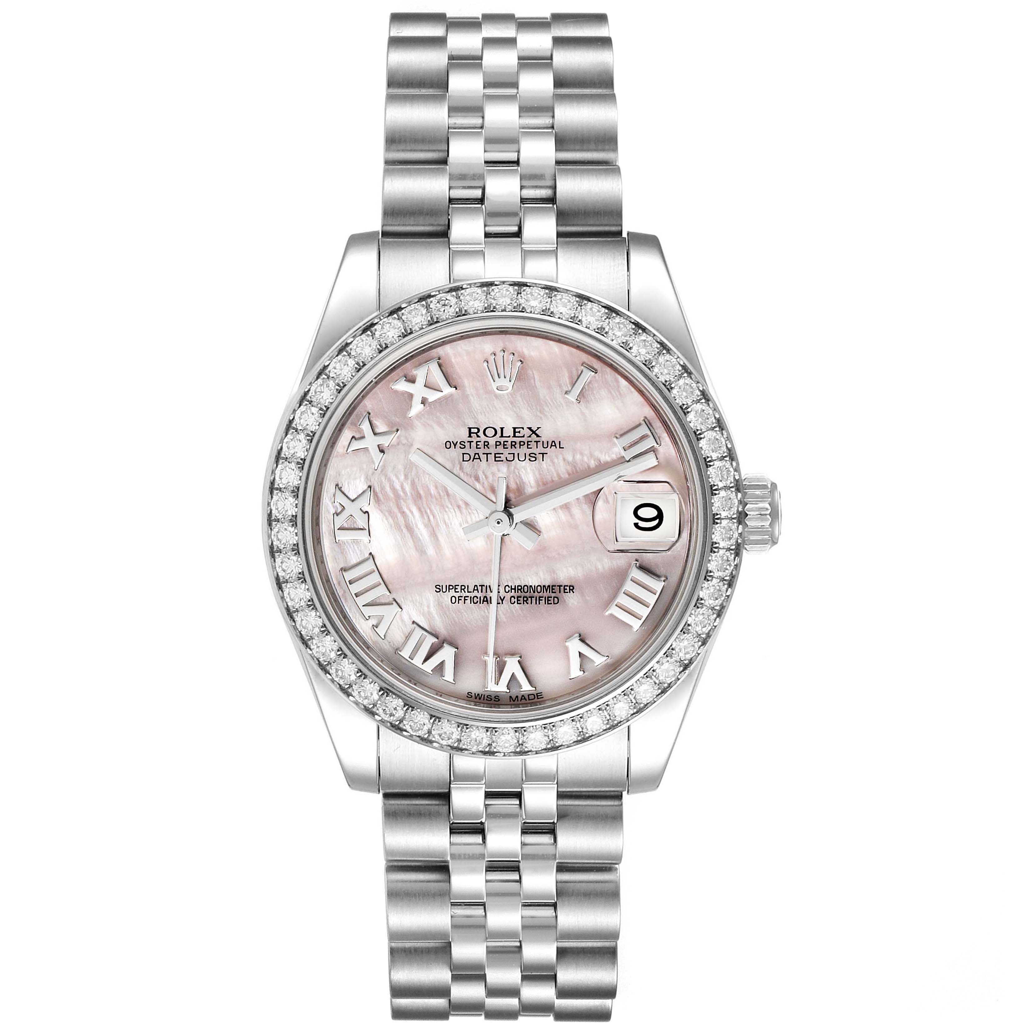 This image shows a frontal view of a Rolex Mid-Size 178384 Women's Stainless Steel Mother of Pearl Dial 178384 Women's Stainless Steel Mother of Pearl Dial Datejust watch with a pink dial and diamond bezel.