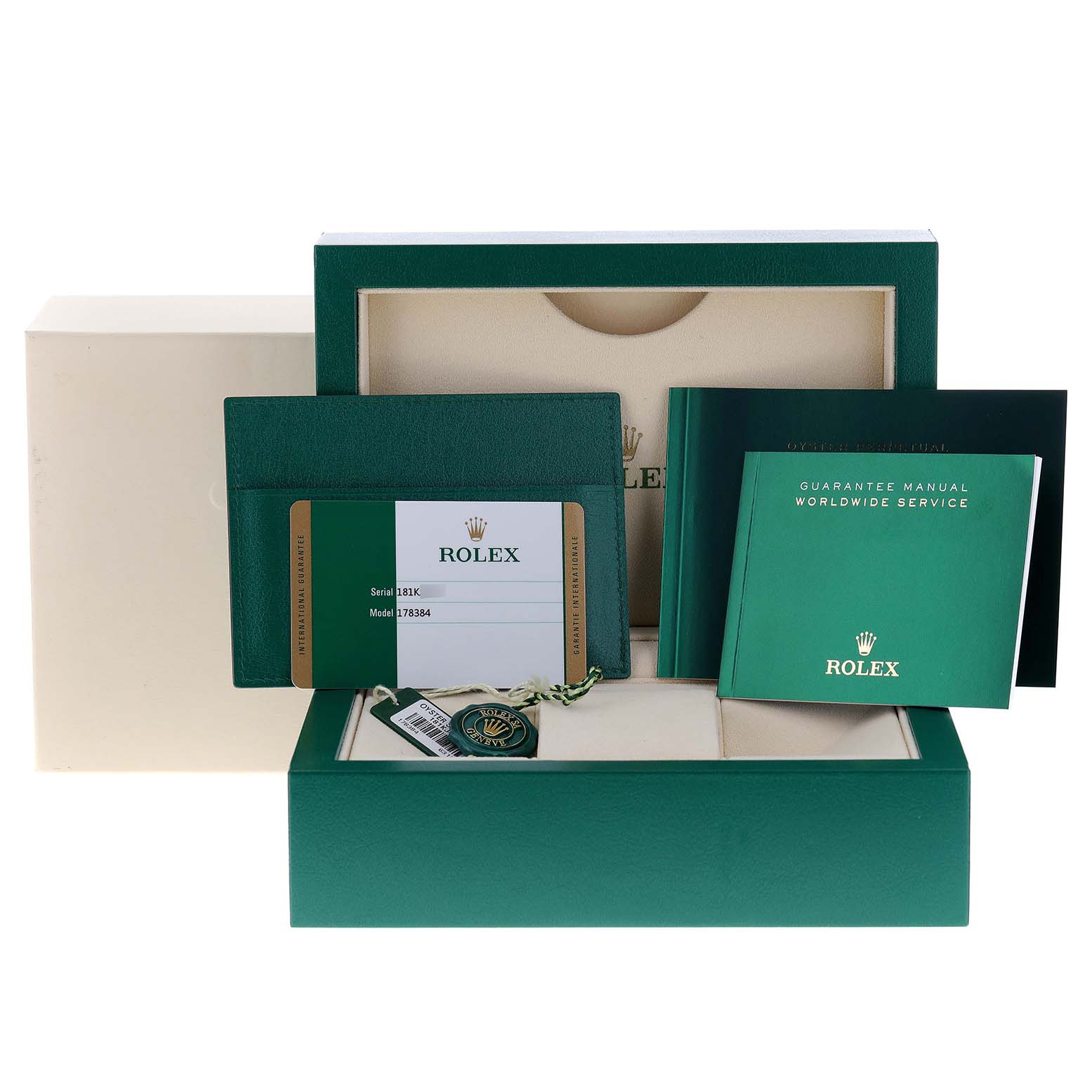 The image shows the packaging, manuals, warranty card, and tags for a Rolex Mid-Size 178384 Women's Stainless Steel Mother of Pearl Dial 178384 Women's Stainless Steel Mother of Pearl Dial model.