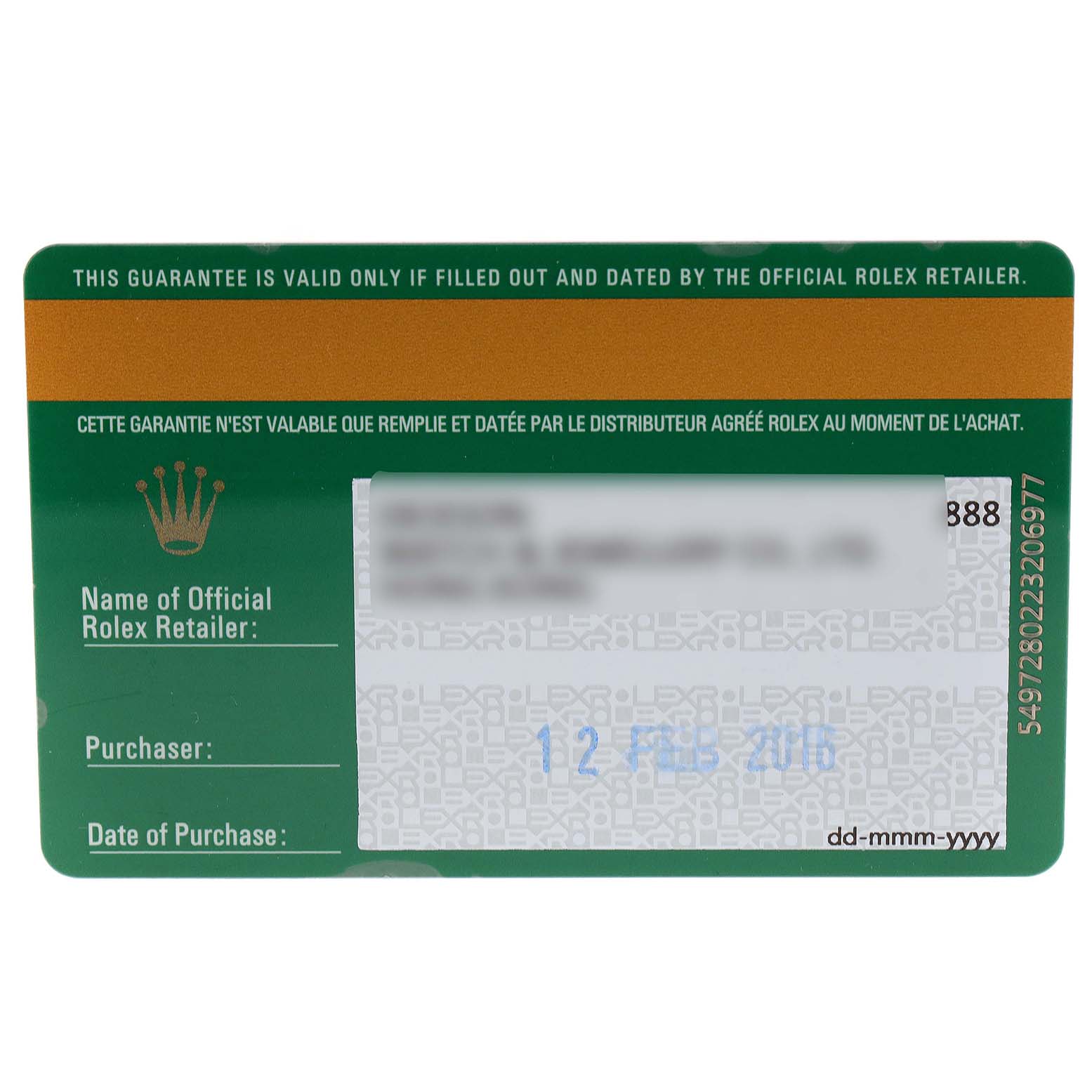 This image shows the guarantee card for a Rolex Mid-Size 178384 Women's Stainless Steel Mother of Pearl Dial 178384 Women's Stainless Steel Mother of Pearl Dial model, including fields for the retailer's name, purchaser, and date of purchase.