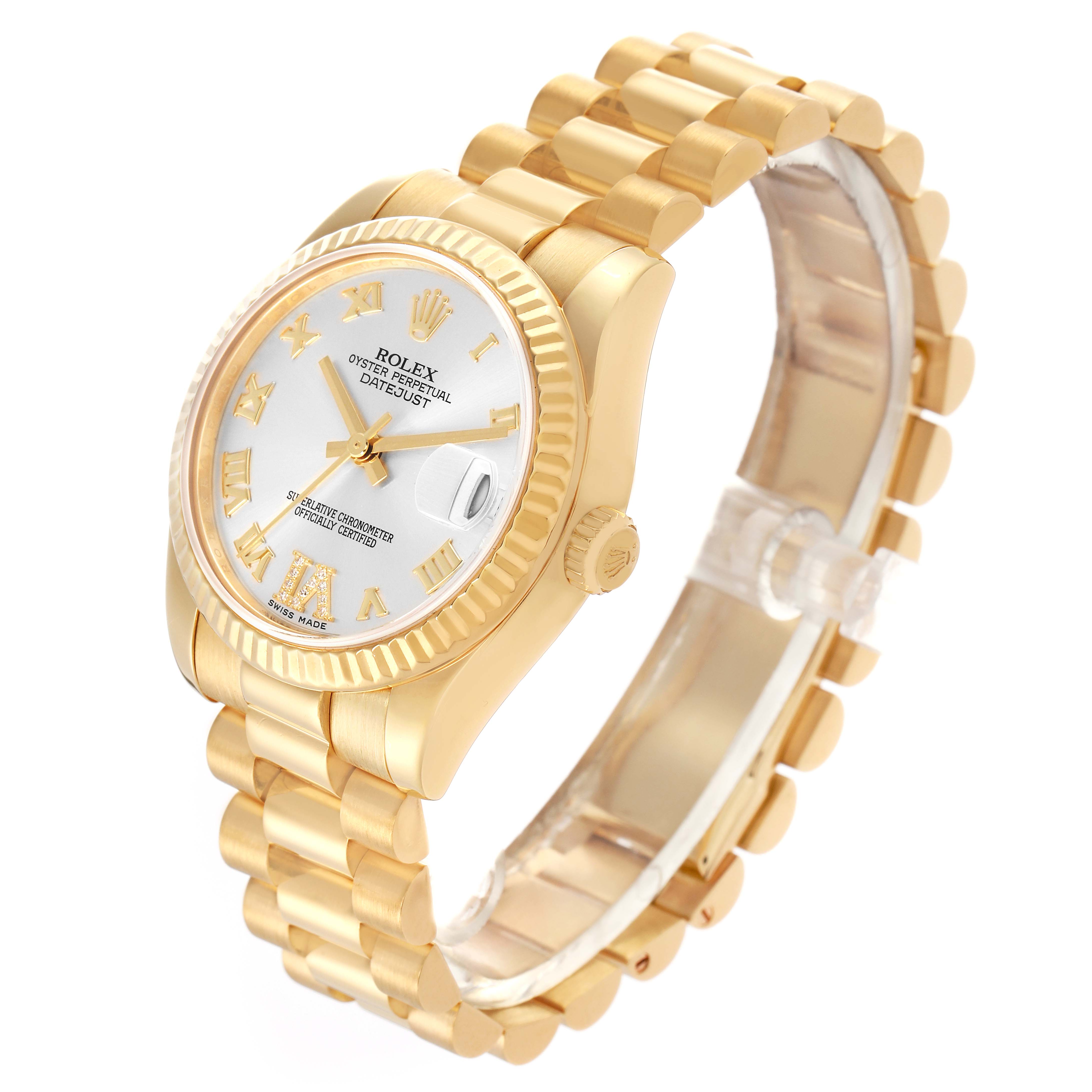 The Rolex Mid-Size watch is shown at an angled view highlighting the face, bezel, and bracelet prominently.