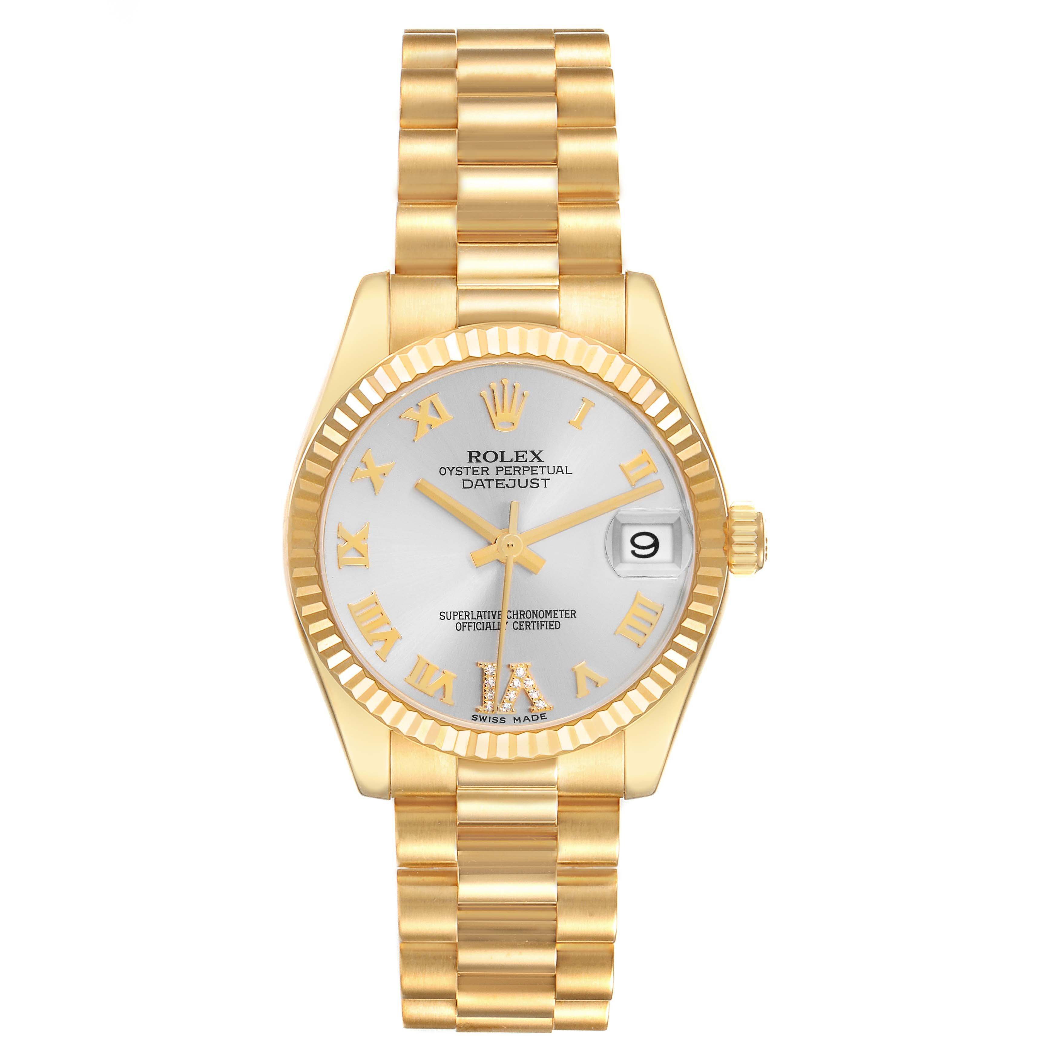 The Rolex Mid-Size watch is shown from a front angle, displaying the face, bracelet, bezel, and crown.