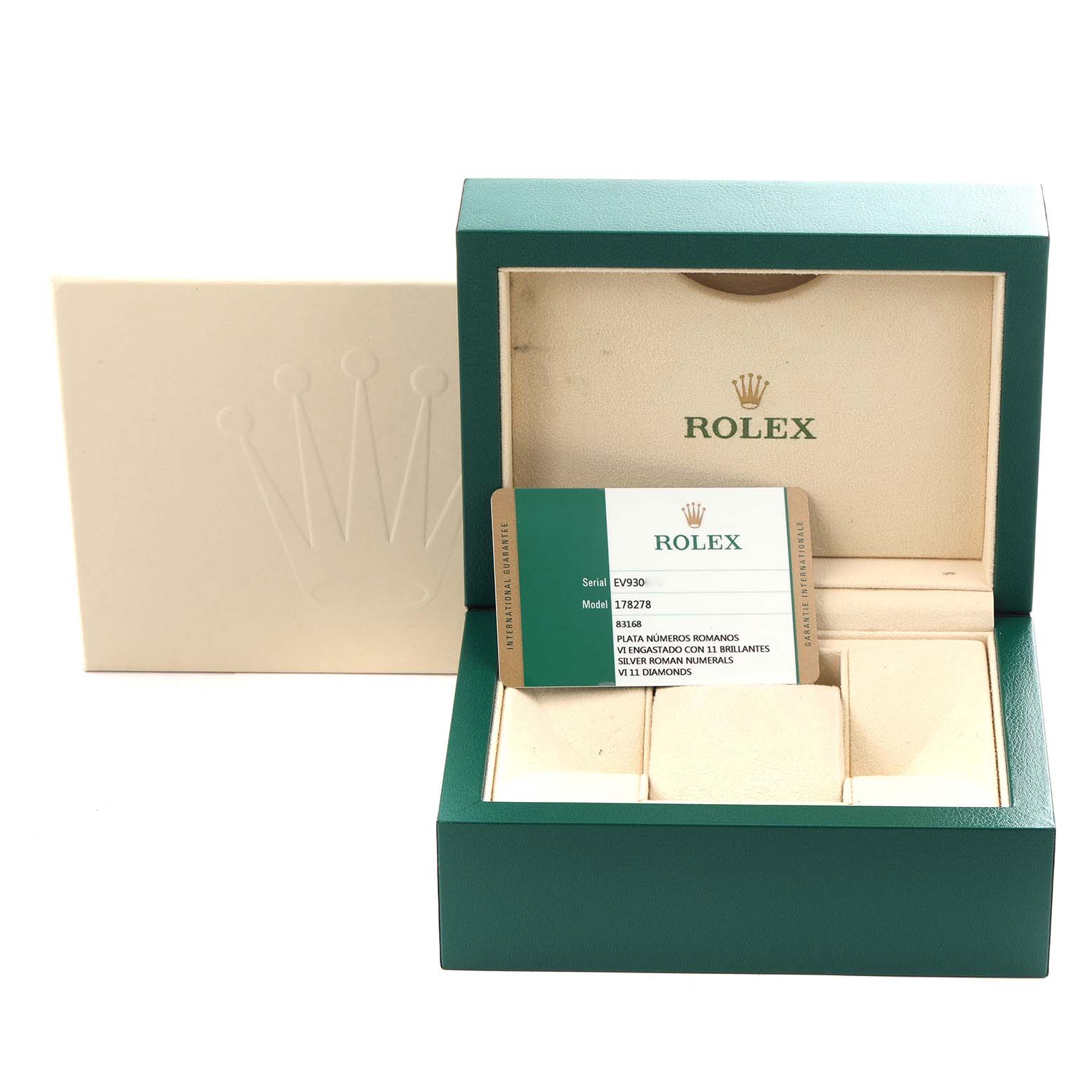 The image shows a Rolex Mid-Size model box from a front angle, including the card with model number 178278.