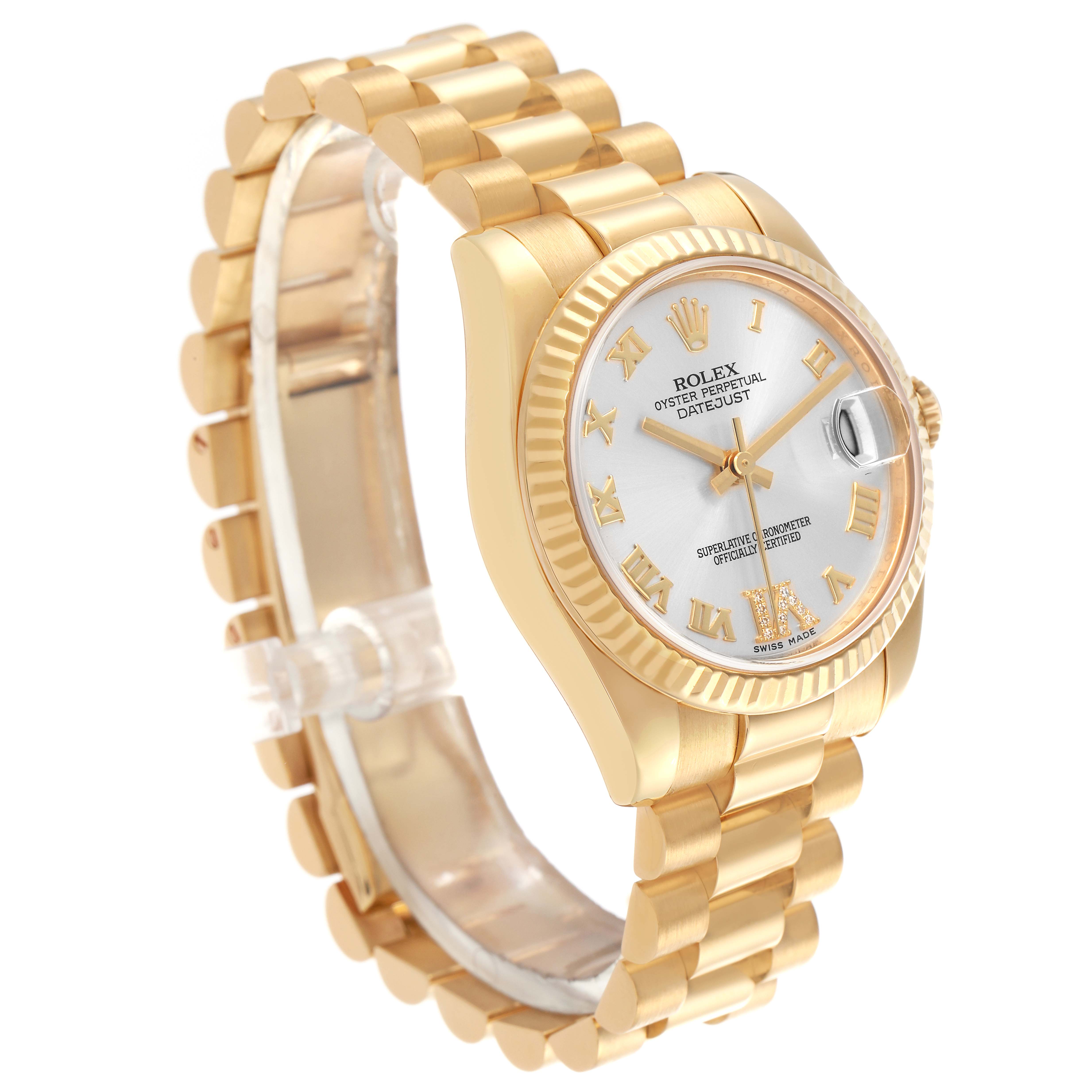 This Rolex Mid-Size Datejust watch is shown from a three-quarter angle, highlighting the dial, fluted bezel, and gold bracelet.