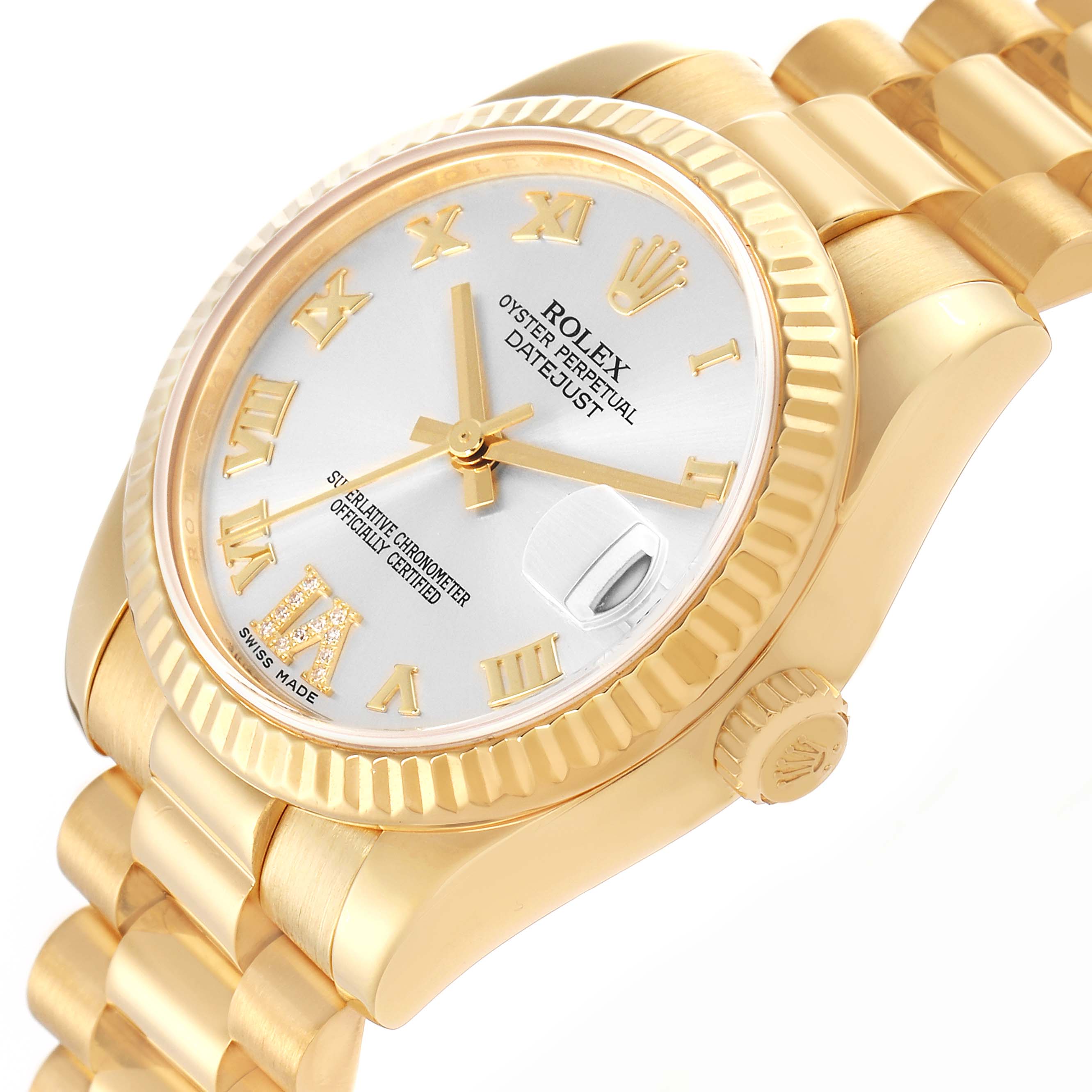 The image shows a Rolex Mid-Size watch at an angled view, highlighting the face, bezel, bracelet links, and crown.