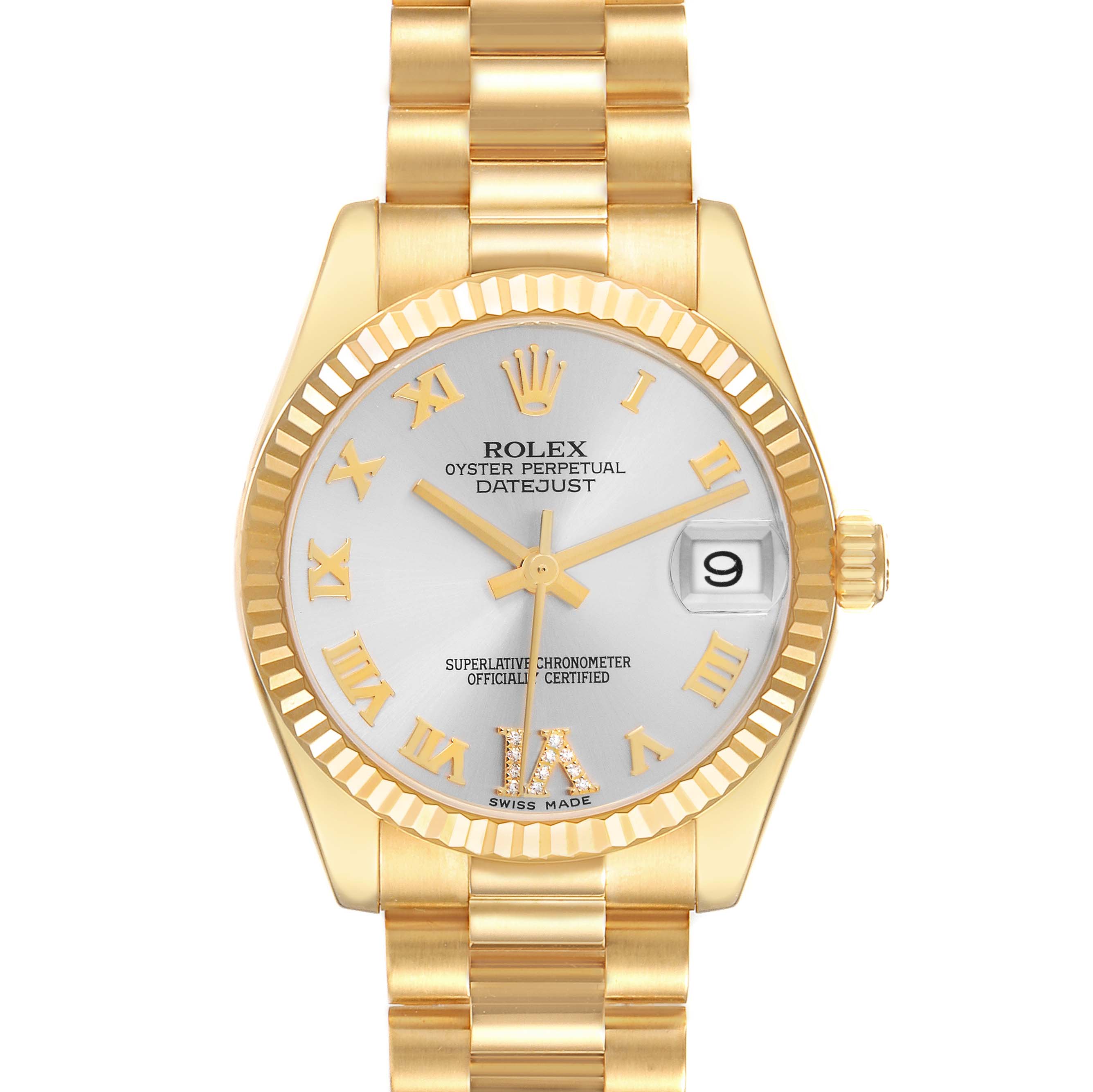 The Rolex Mid-Size Datejust is shown from a front angle, displaying the entire watch face and part of the bracelet.