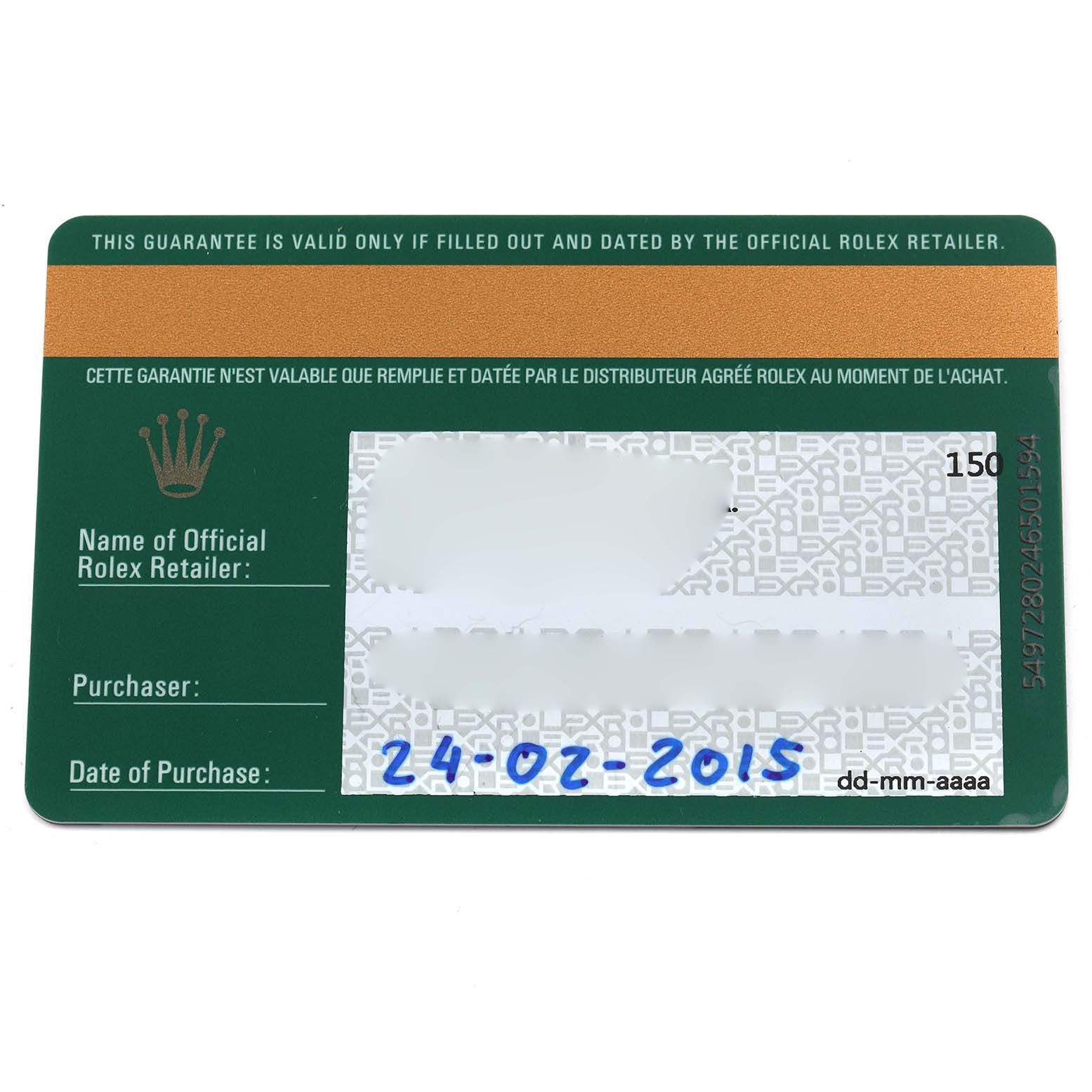 This image shows a flat, top-down view of a Rolex guarantee card for a Mid-Size model.