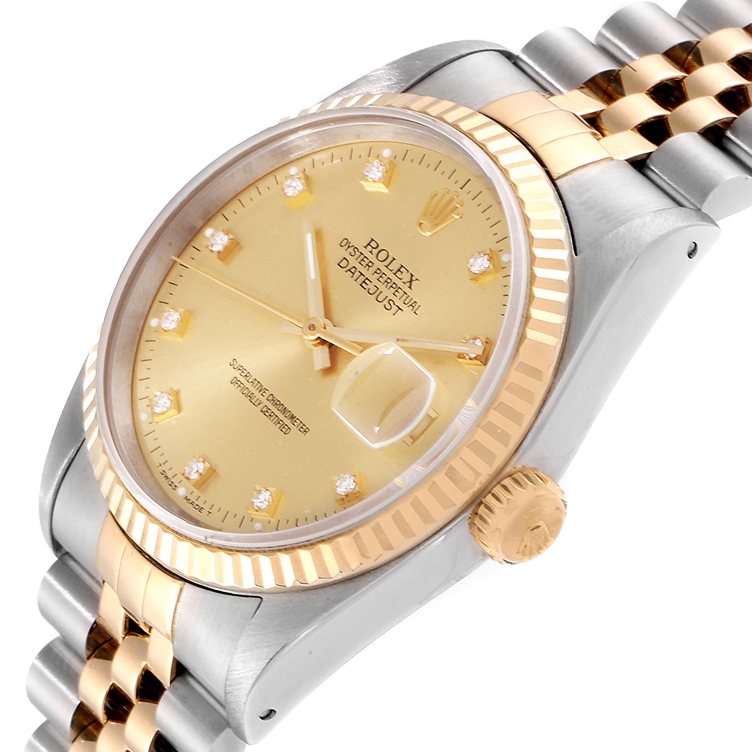 The image shows a close-up angled view of a Rolex Datejust 16233 Men
s Steel and Gold (two tone) Champagne Dial 16233 Men
s Steel and Gold (two tone) Champagne Dial watch, highlighting the bezel, dial, crown, and part of the bracelet.