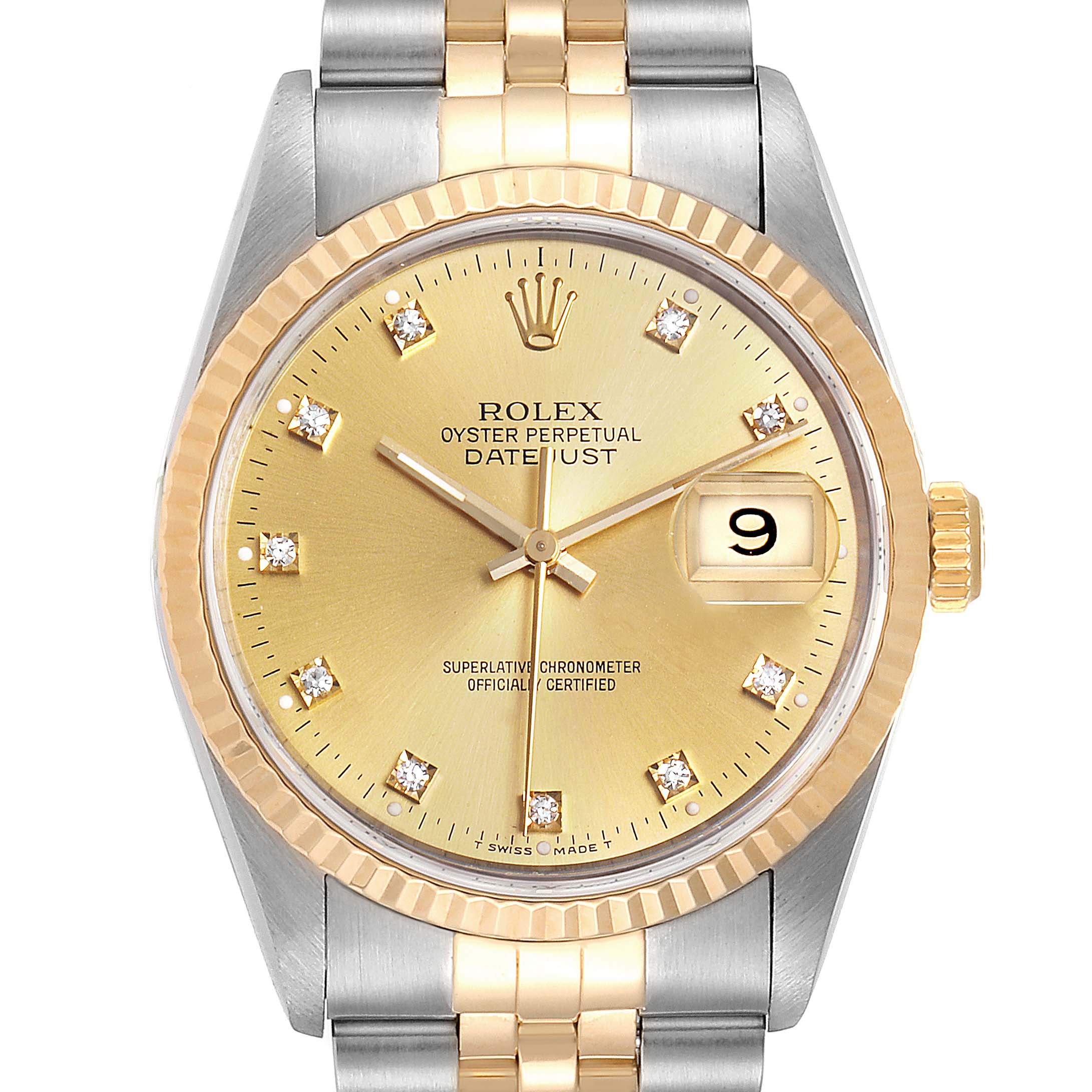 The image shows a front view of the Rolex Datejust 16233 Men
s Steel and Gold (two tone) Champagne Dial 16233 Men
s Steel and Gold (two tone) Champagne Dial watch, highlighting the dial, bezel, crown, and part of the bracelet.