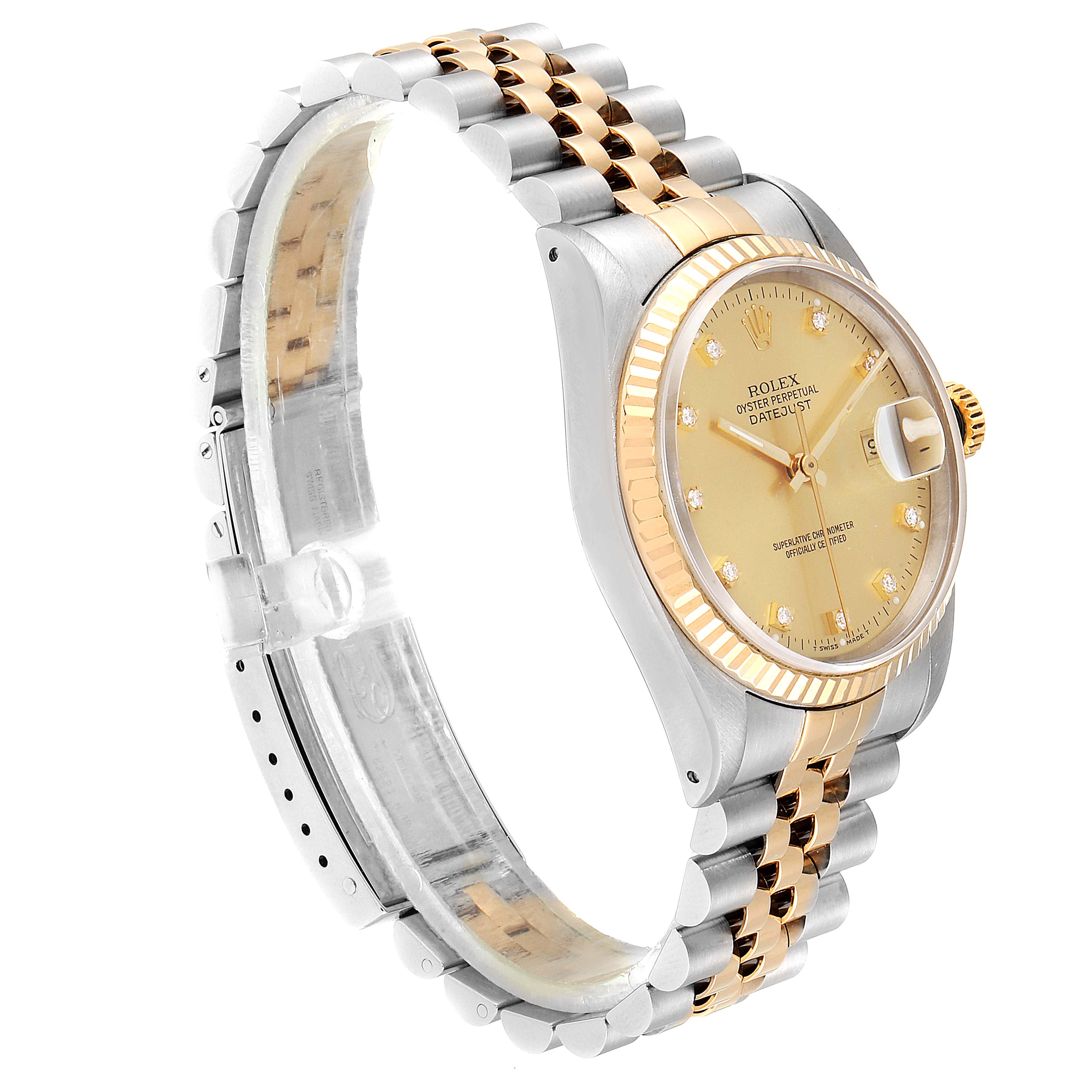 The image shows a side and front angle of a Rolex Datejust 16233 Men
s Steel and Gold (two tone) Champagne Dial 16233 Men
s Steel and Gold (two tone) Champagne Dial watch, highlighting its dial, bezel, and bracelet.