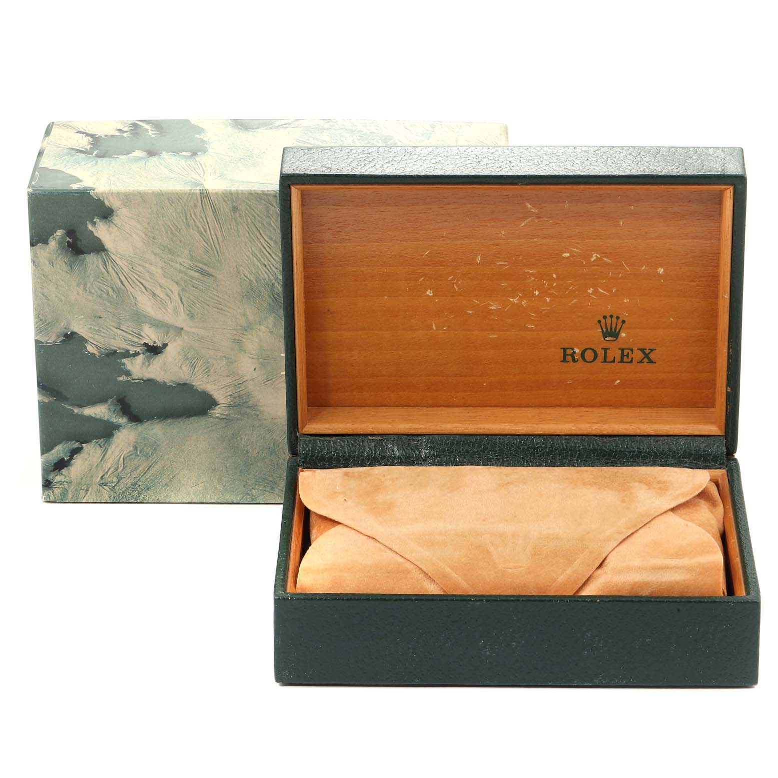 The image shows an open Rolex Datejust 16233 Men
s Steel and Gold (two tone) Champagne Dial 16233 Men
s Steel and Gold (two tone) Champagne Dial watch box, including its outer box and inner suede pouch.