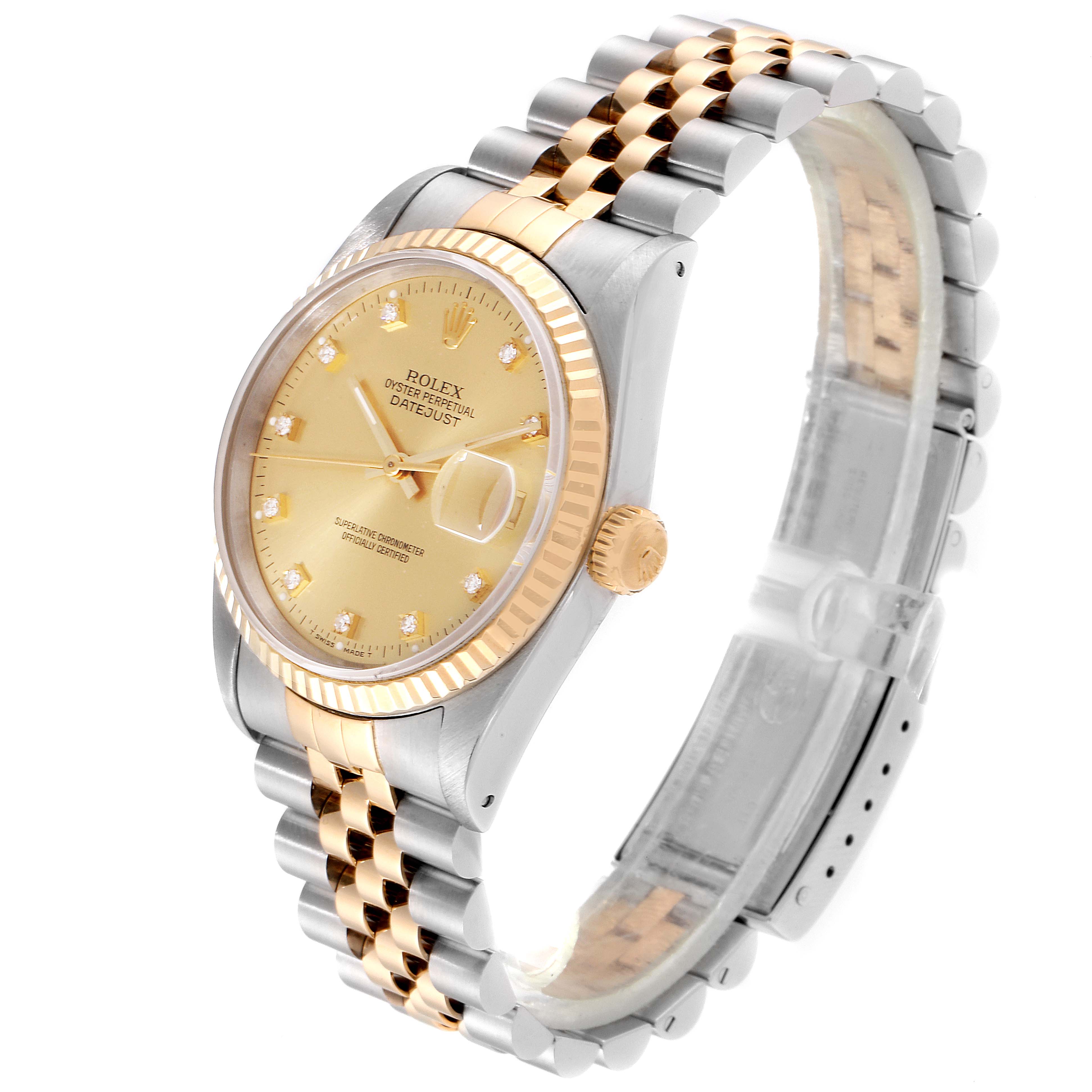 This image shows a side and angled view of the Rolex Datejust 16233 Men
s Steel and Gold (two tone) Champagne Dial 16233 Men
s Steel and Gold (two tone) Champagne Dial watch, displaying the face, bezel, crown, and bracelet.