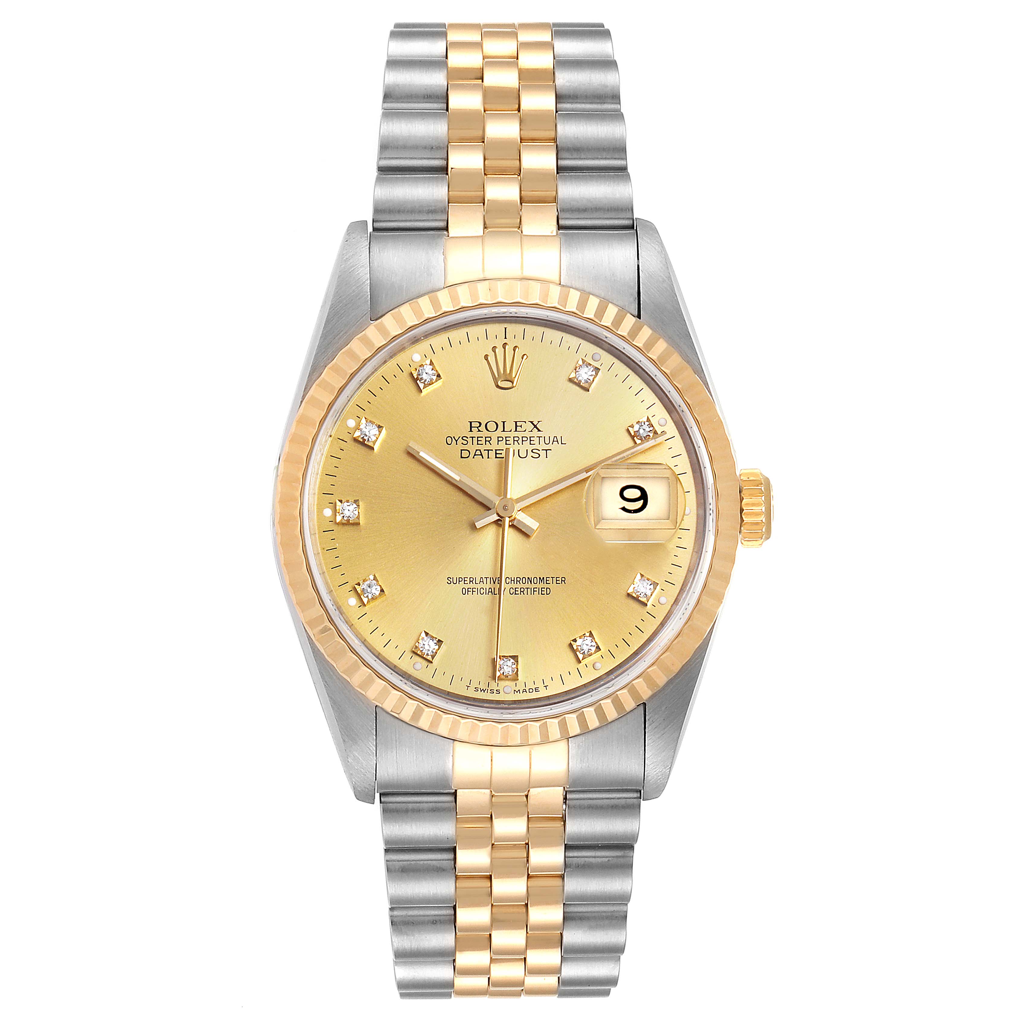 The image shows a frontal view of the Rolex Datejust 16233 Men
s Steel and Gold (two tone) Champagne Dial 16233 Men
s Steel and Gold (two tone) Champagne Dial watch, featuring a two-tone bracelet, gold dial, and date display.