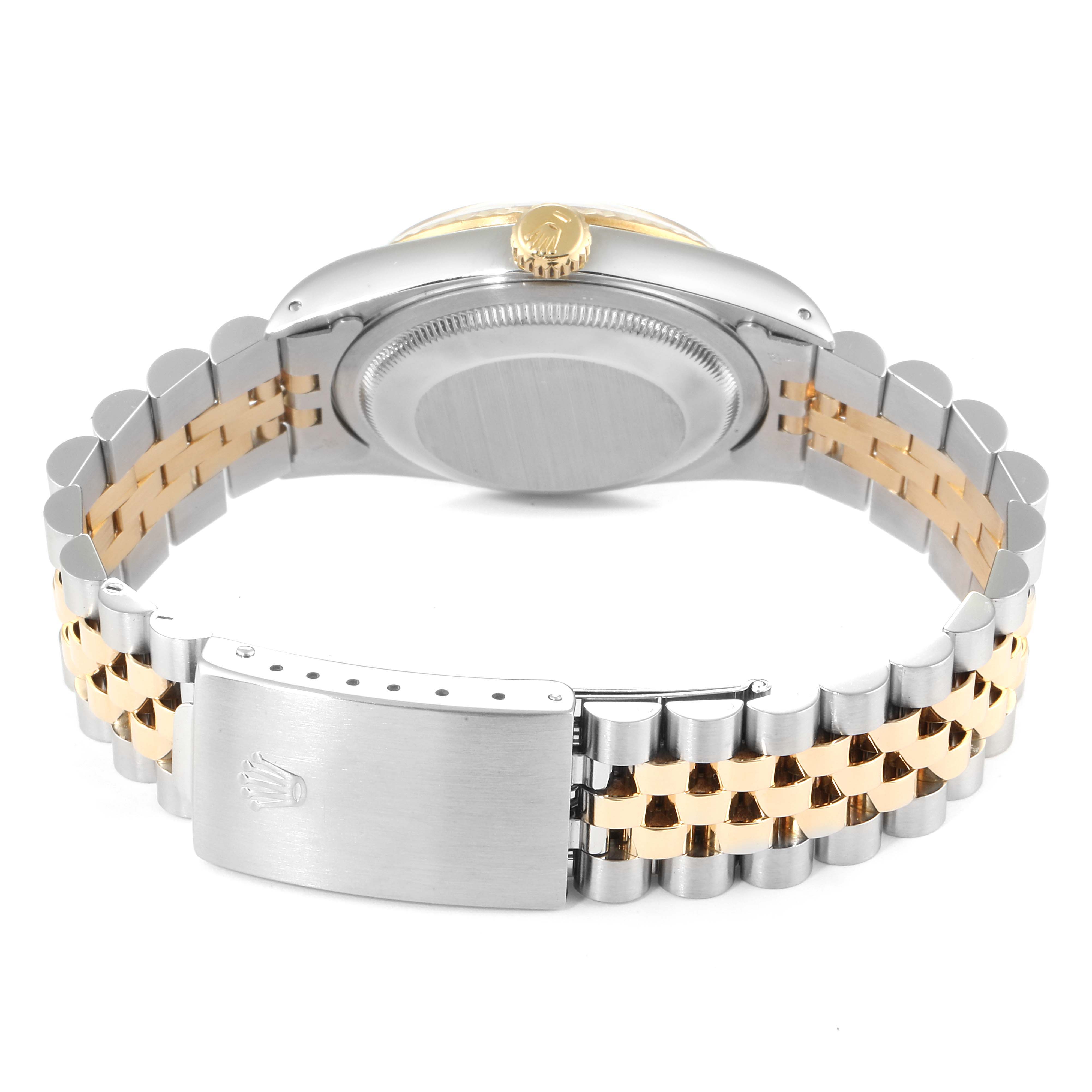 The image shows the back view of a Rolex Datejust 16233 Men
s Steel and Gold (two tone) Champagne Dial 16233 Men
s Steel and Gold (two tone) Champagne Dial watch, highlighting the case back and bi-metal bracelet with the clasp.