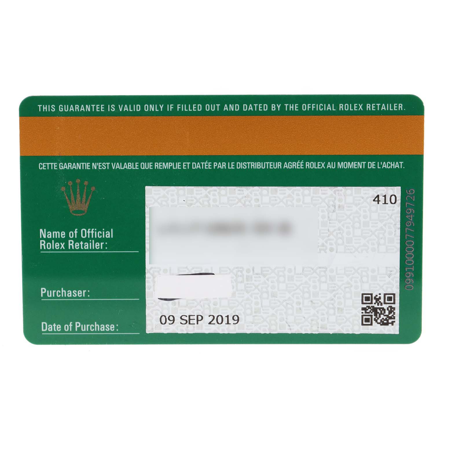 This is an official warranty card for the Rolex Datejust 126234 Men's Stainless Steel Blue Dial 126234 Men's Stainless Steel Blue Dial watch model, shown from a top-down angle.