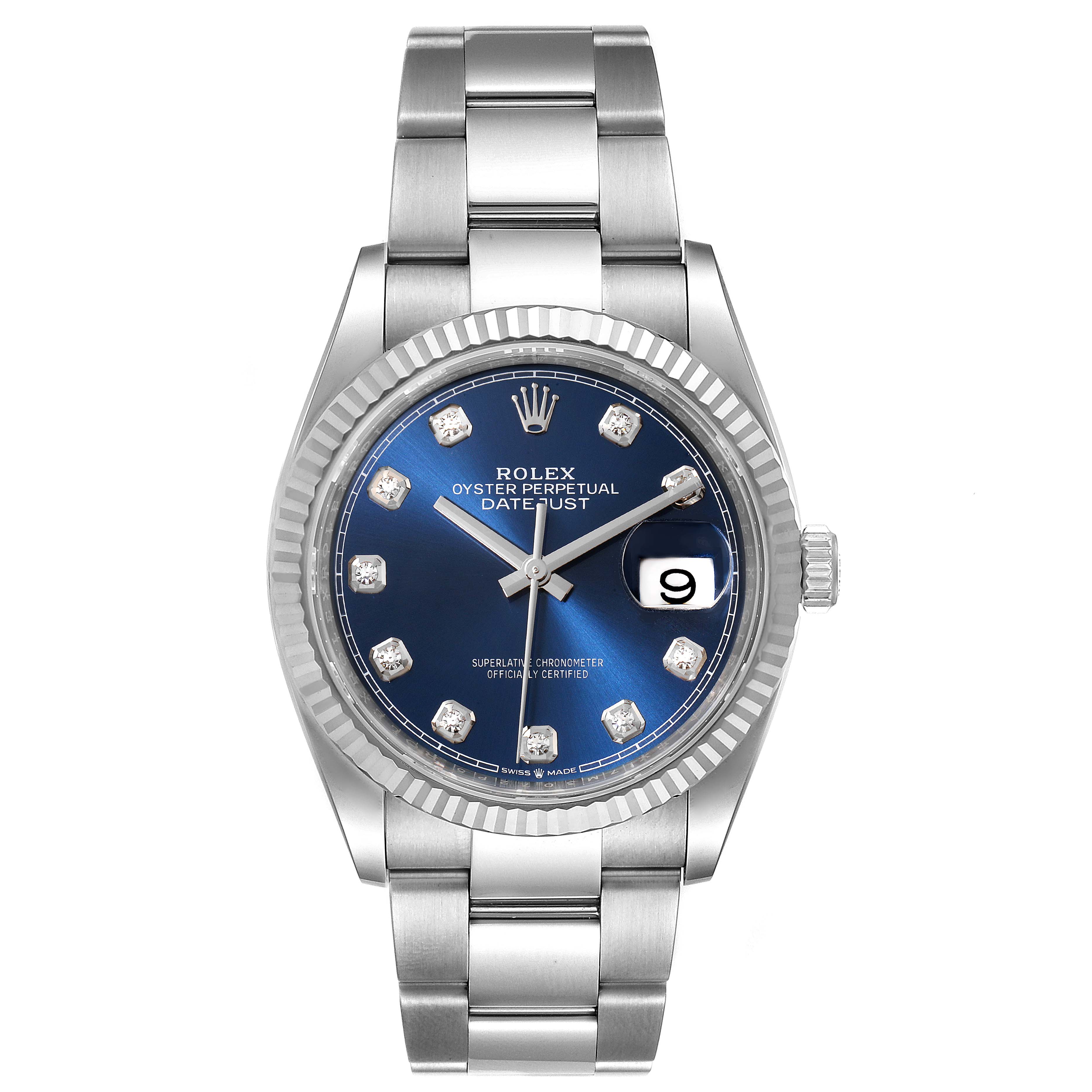 The image shows a front view of a Rolex Datejust 126234 Men's Stainless Steel Blue Dial 126234 Men's Stainless Steel Blue Dial watch, featuring a blue dial, date display, and diamond hour markers.