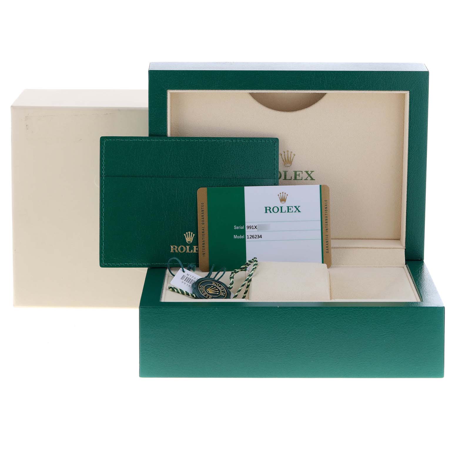 This image shows the packaging and accessories for a Rolex Datejust 126234 Men
s Stainless Steel Pink Dial 126234 Men
s Stainless Steel Pink Dial model 126234, including the box, cardholder, and tags.