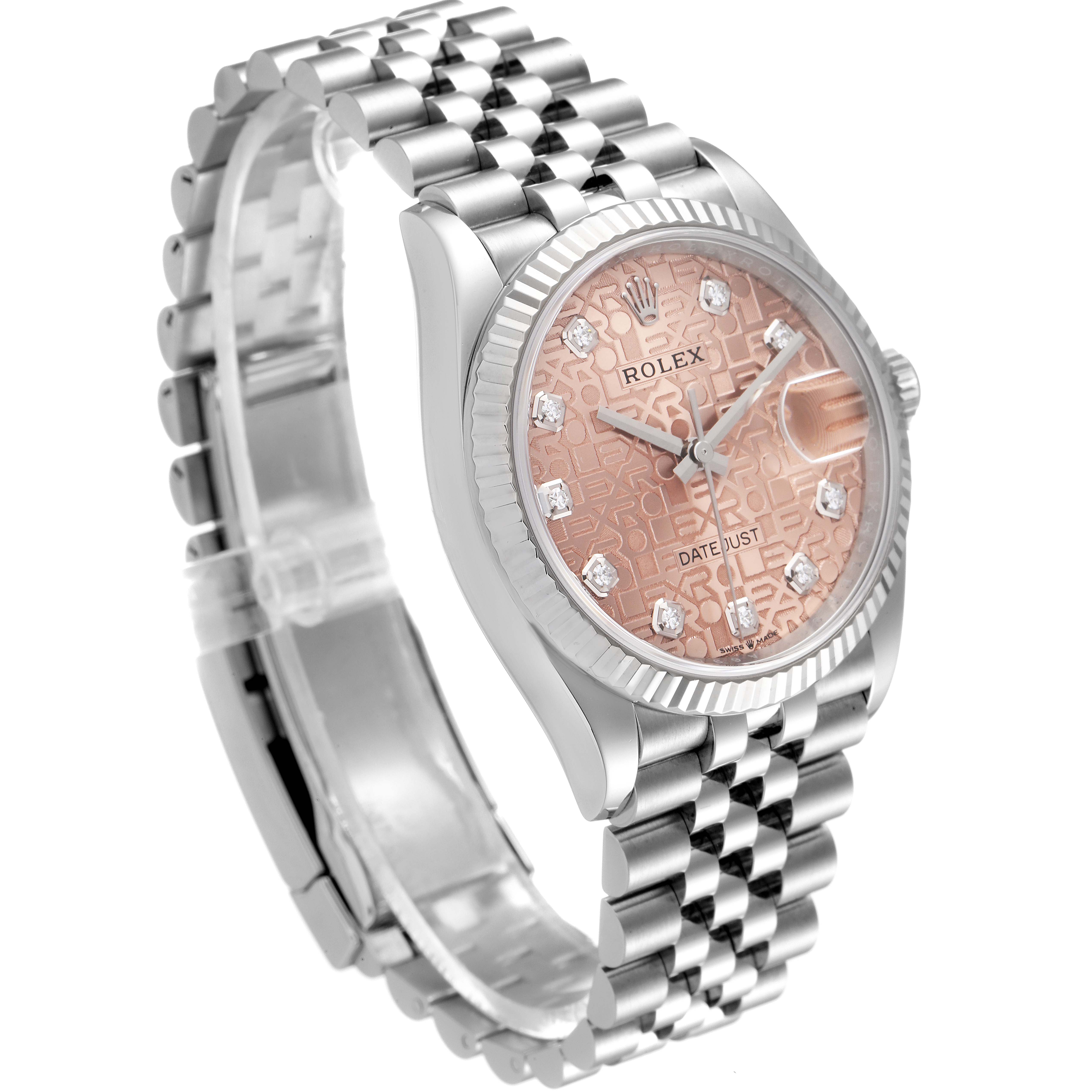 The Rolex Datejust 126234 Men
s Stainless Steel Pink Dial 126234 Men
s Stainless Steel Pink Dial watch is shown at a three-quarter angle, highlighting its dial, bezel, and bracelet.