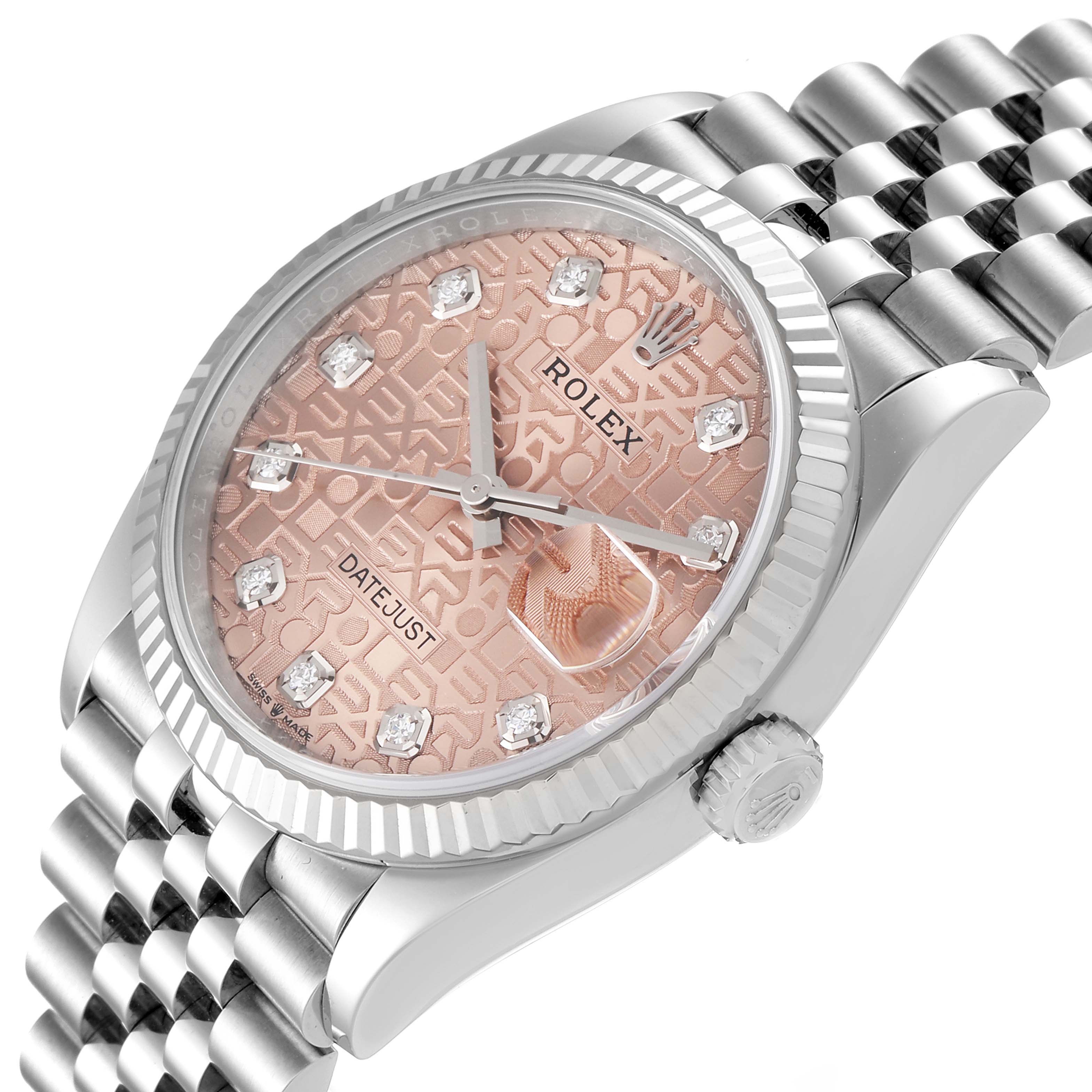 The image shows a Rolex Datejust 126234 Men
s Stainless Steel Pink Dial 126234 Men
s Stainless Steel Pink Dial watch at an angled view, displaying the face, bezel, crown, and part of the bracelet.