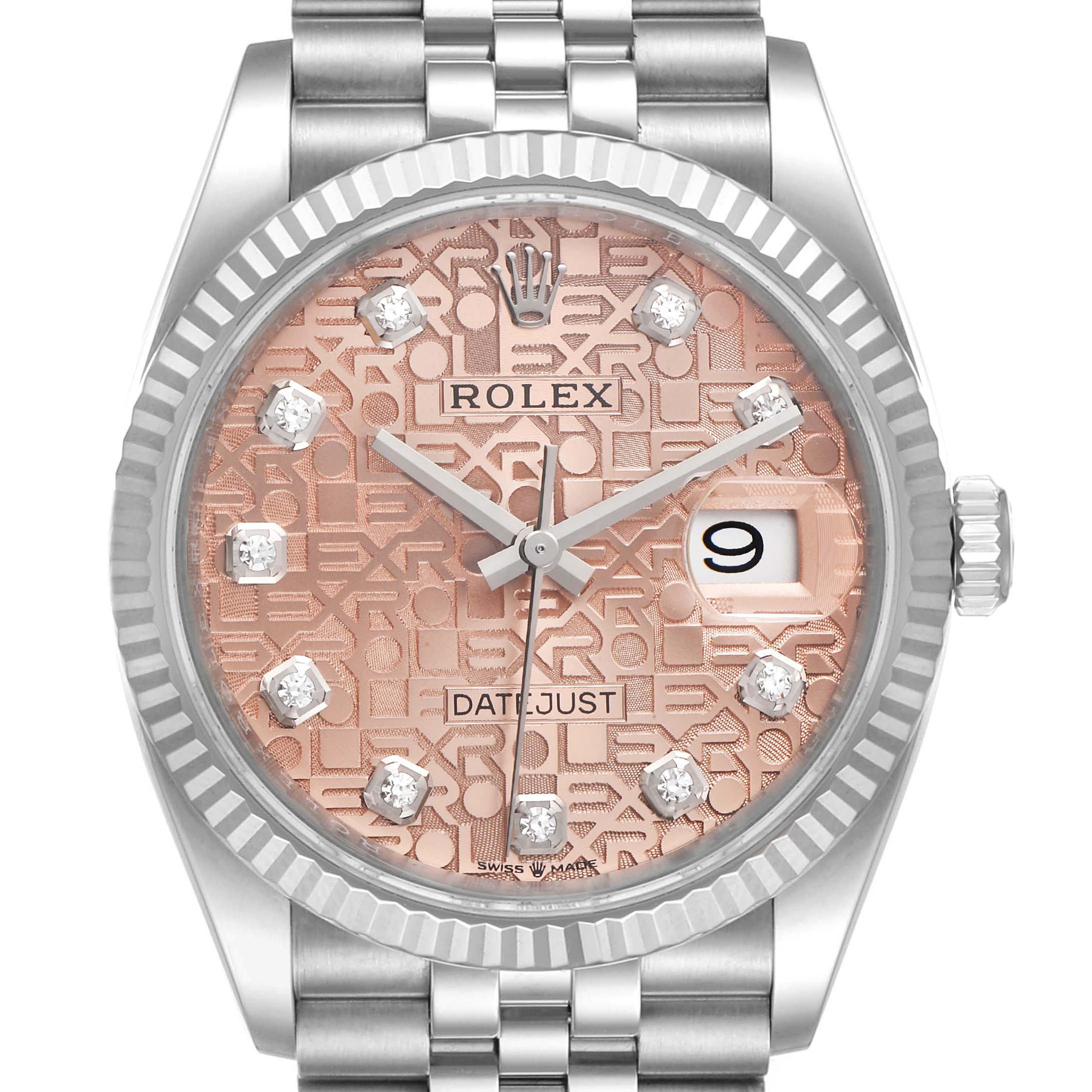 The image shows a front view of a Rolex Datejust 126234 Men
s Stainless Steel Pink Dial 126234 Men
s Stainless Steel Pink Dial watch, highlighting its dial, bezel, crown, and part of the bracelet.