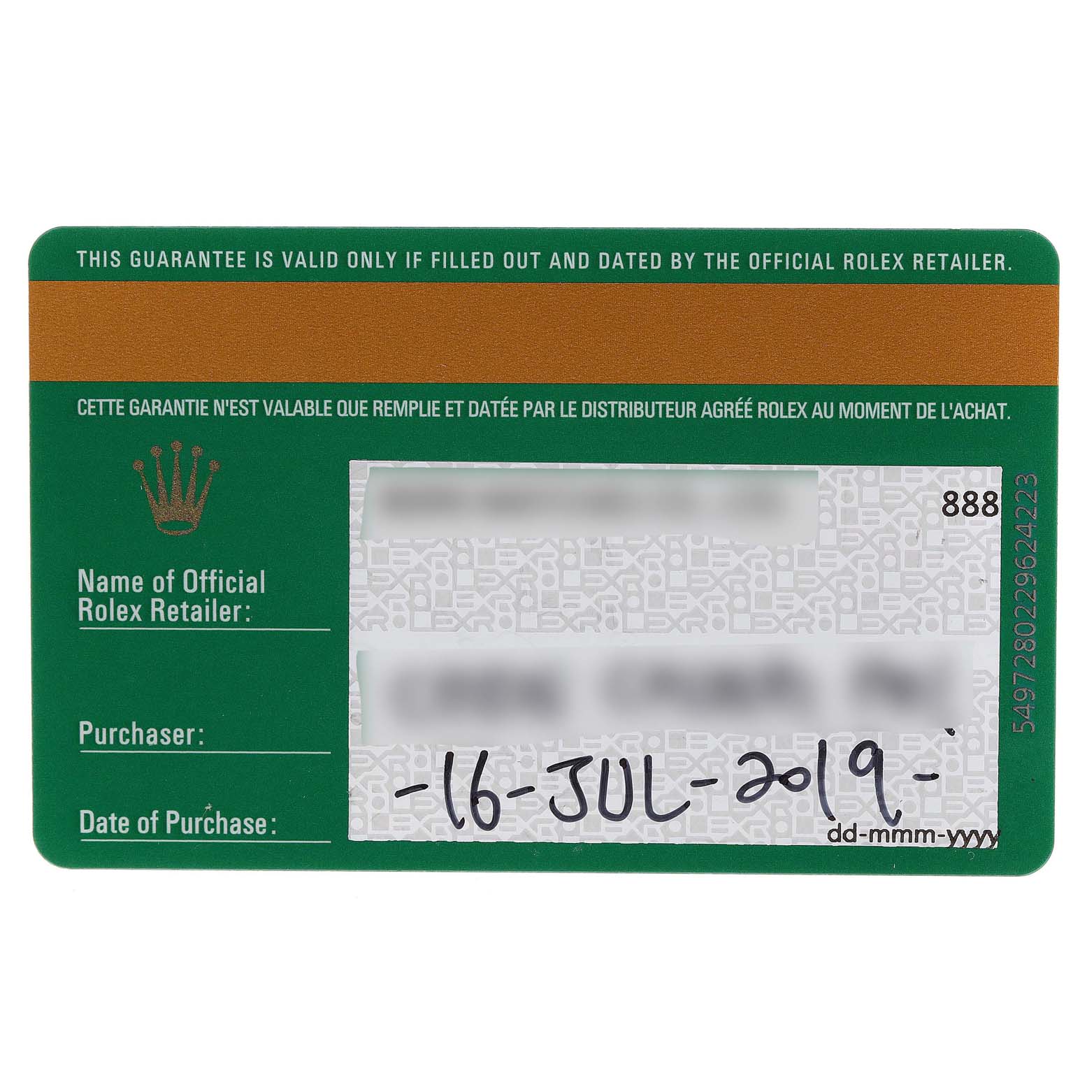 The image shows the official guarantee card for a Rolex Datejust 126234 Men
s Stainless Steel Pink Dial 126234 Men
s Stainless Steel Pink Dial watch, including purchase date and retailer information.