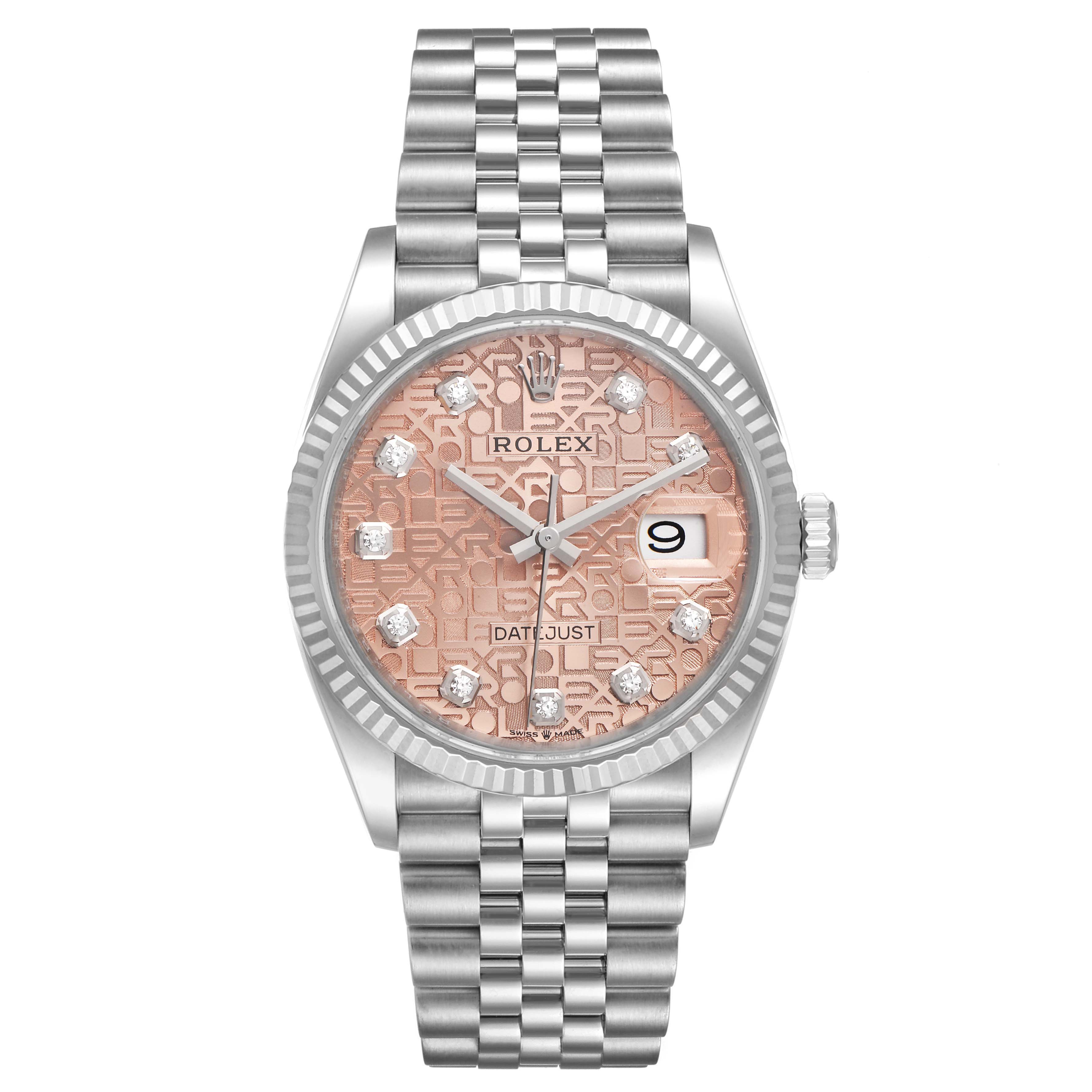 The image shows a full frontal view of the Rolex Datejust 126234 Men
s Stainless Steel Pink Dial 126234 Men
s Stainless Steel Pink Dial watch, featuring the dial, bezel, crown, and part of the bracelet.