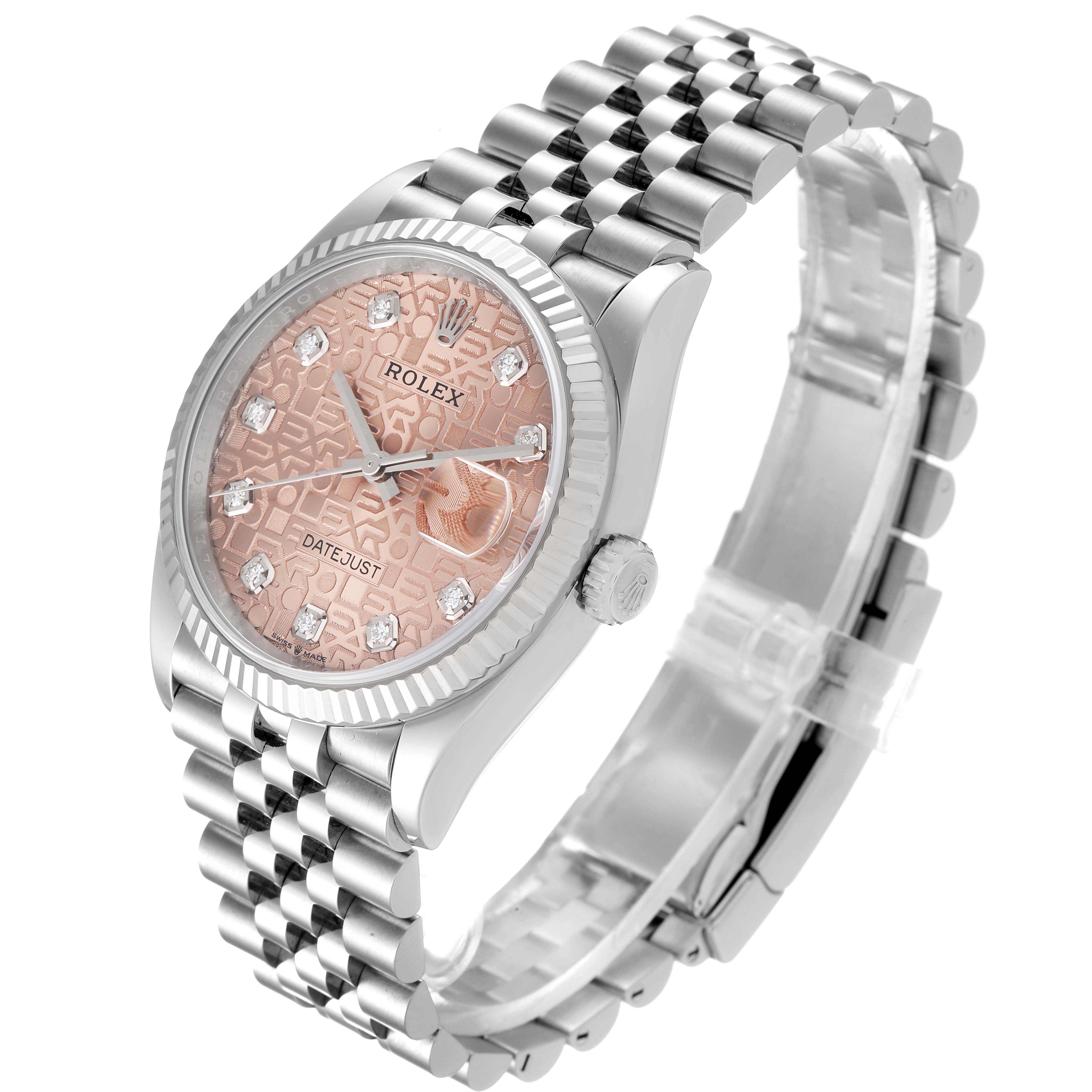 The image shows a Rolex Datejust 126234 Men
s Stainless Steel Pink Dial 126234 Men
s Stainless Steel Pink Dial watch angled to display the dial, bezel, crown, and part of the bracelet.