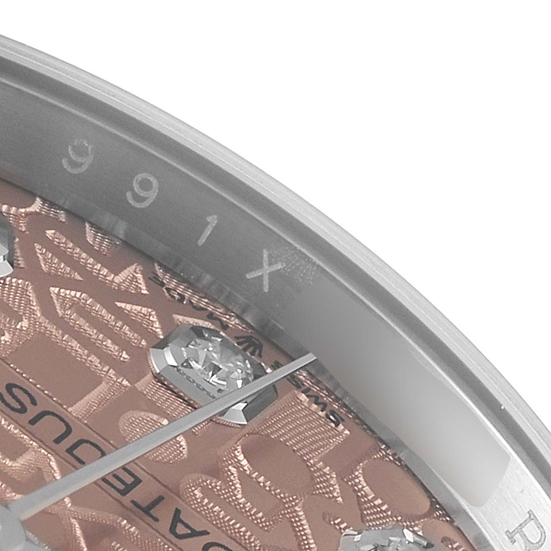 The image shows a close-up of the dial and bezel of a Rolex Datejust 126234 Men
s Stainless Steel Pink Dial 126234 Men
s Stainless Steel Pink Dial watch, highlighting the textured dial and diamond hour markers.