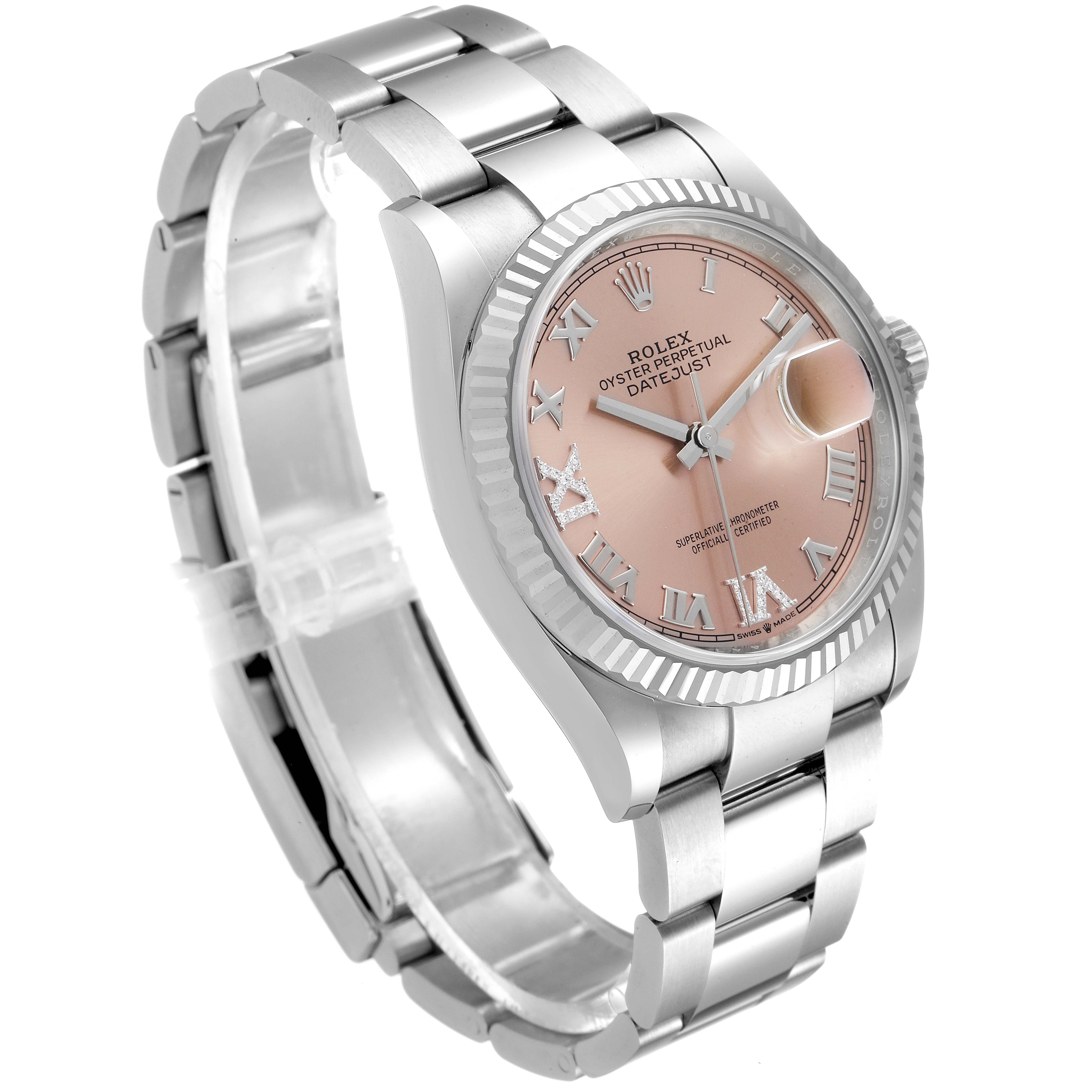 The image shows a Rolex Datejust 126234 Men
s Stainless Steel Pink Dial 126234 Men
s Stainless Steel Pink Dial watch angled to display the dial, bezel, and a portion of the bracelet.
