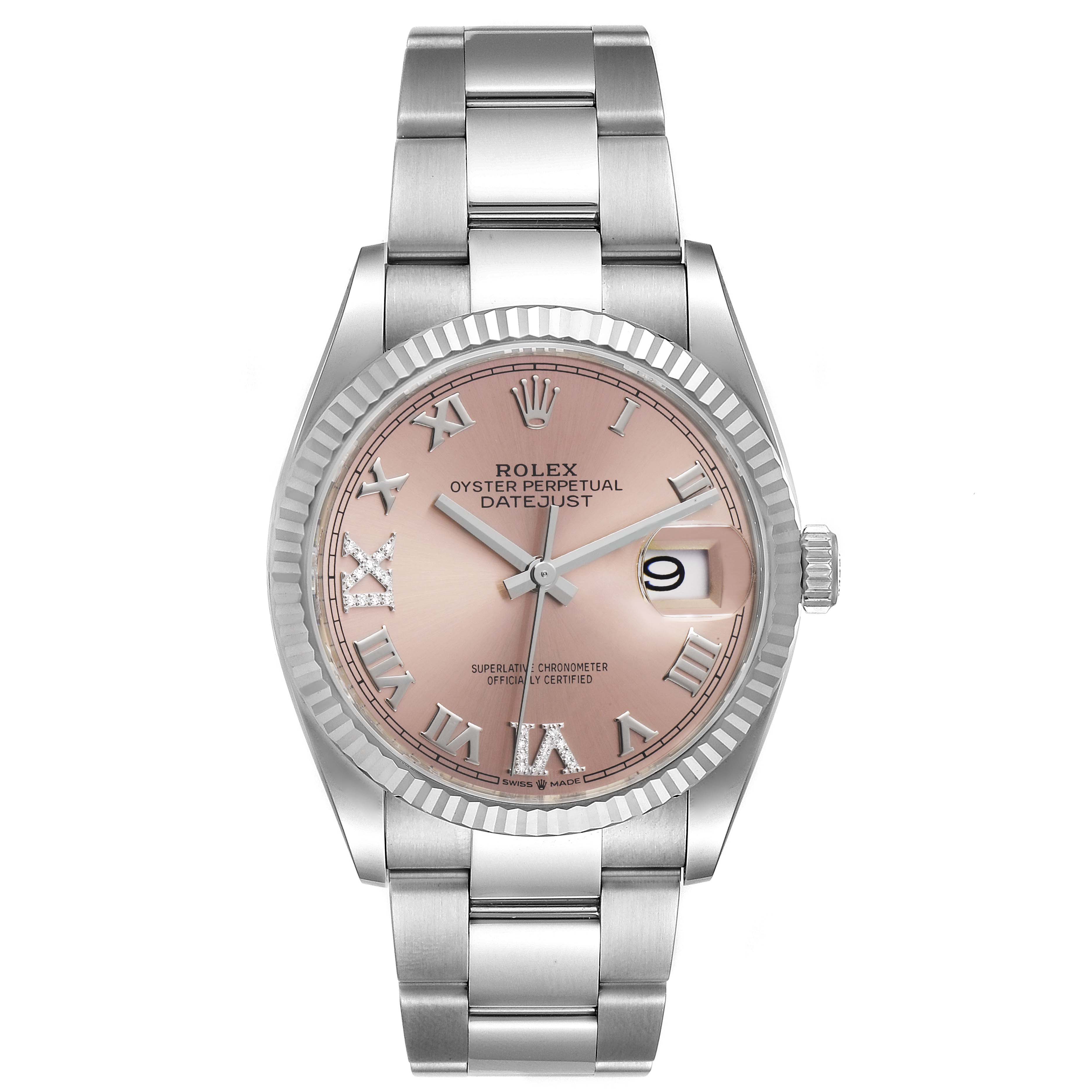 The image shows a Rolex Datejust 126234 Men
s Stainless Steel Pink Dial 126234 Men
s Stainless Steel Pink Dial watch from a front view, highlighting its face, bracelet, and bezel.