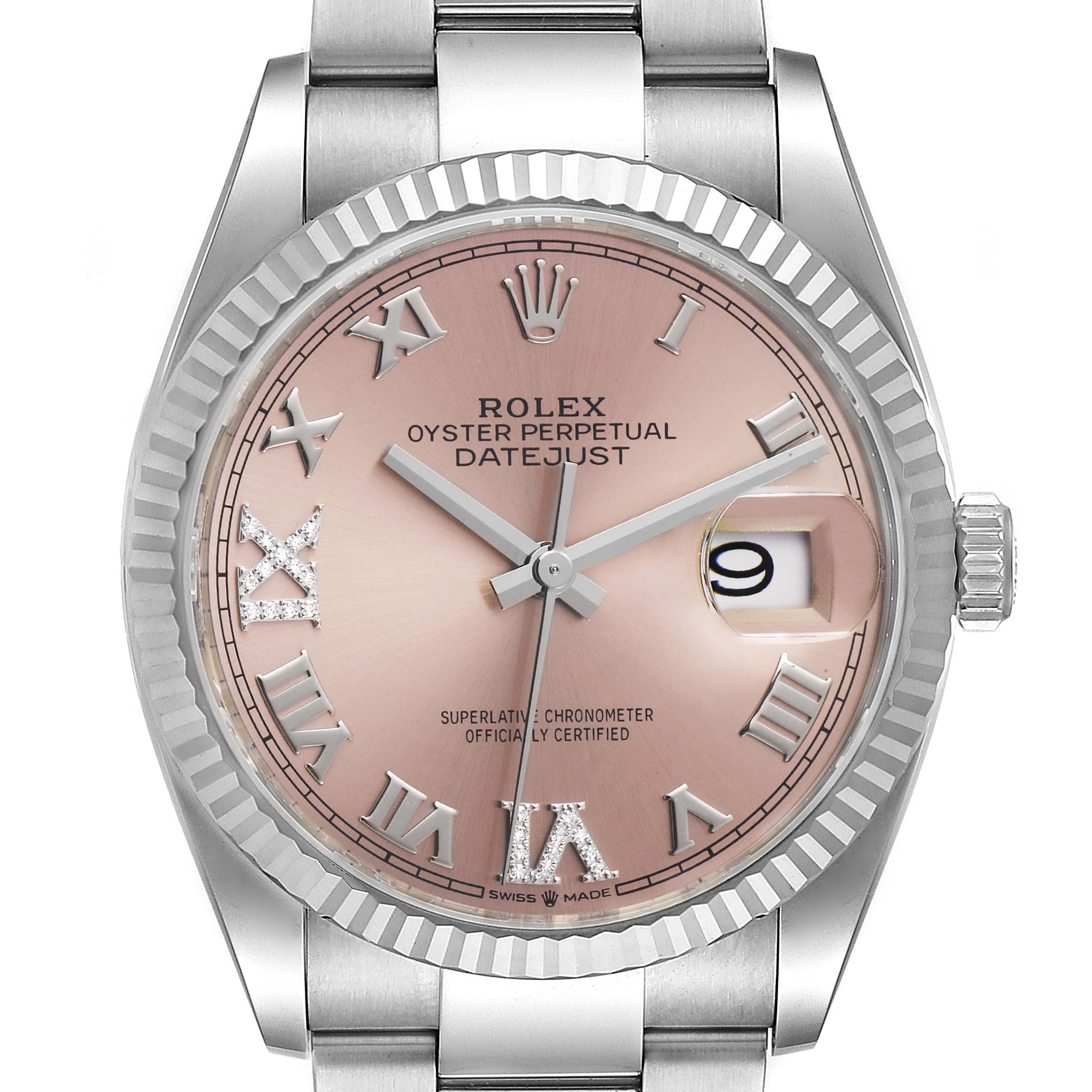 The image shows a Rolex Datejust 126234 Men
s Stainless Steel Pink Dial 126234 Men
s Stainless Steel Pink Dial watch from a front angle, highlighting its fluted bezel, Roman numeral markers, and date window.