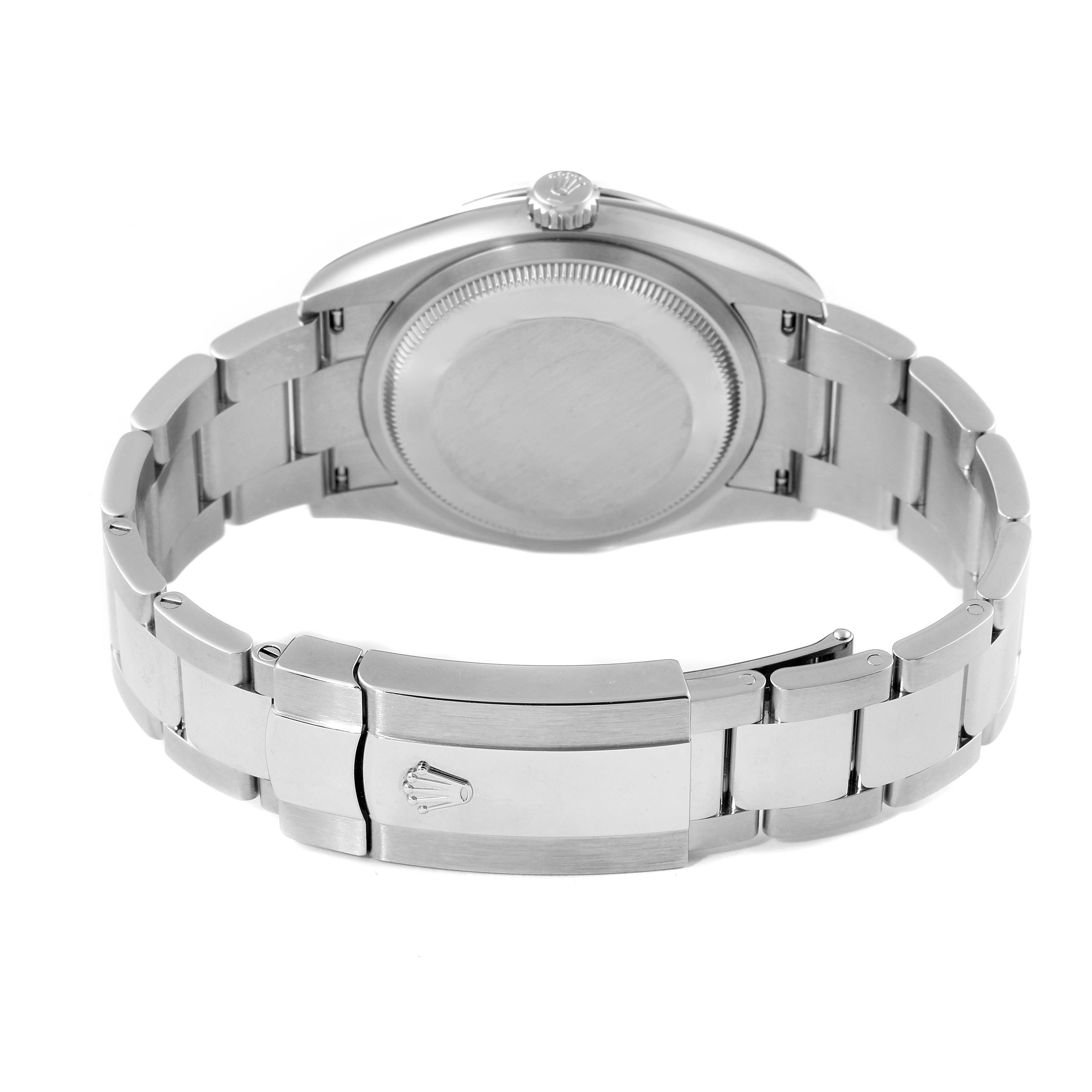 This image shows the back view of a Rolex Datejust 126234 Men
s Stainless Steel Pink Dial 126234 Men
s Stainless Steel Pink Dial watch, including the case back, crown, and bracelet with the clasp.