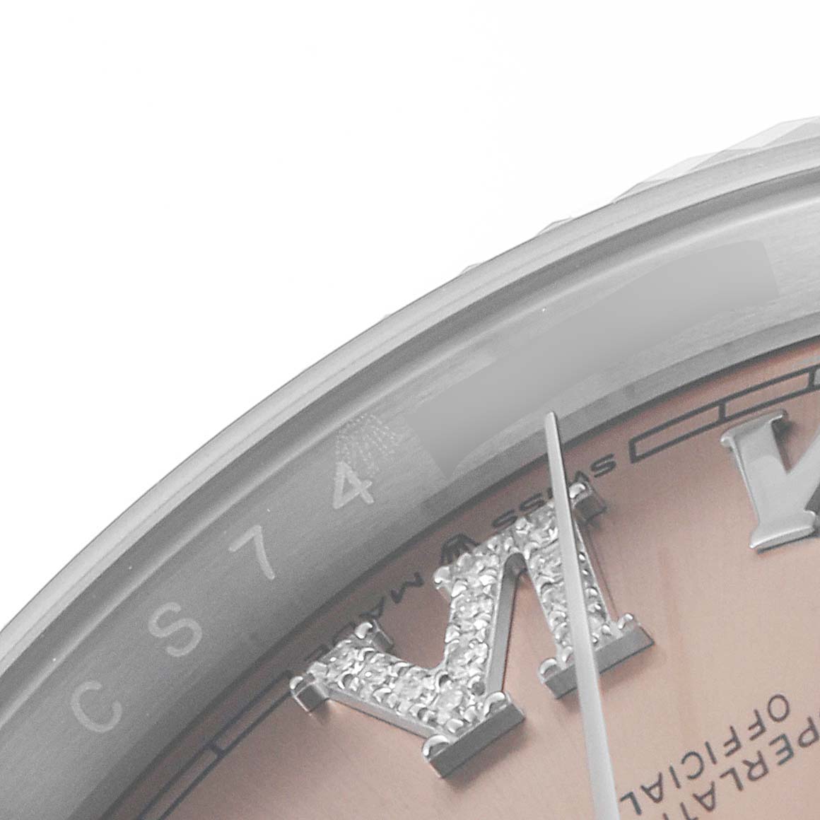 The image shows a close-up of the Rolex Datejust 126234 Men
s Stainless Steel Pink Dial 126234 Men
s Stainless Steel Pink Dial watch dial and part of the bezel.