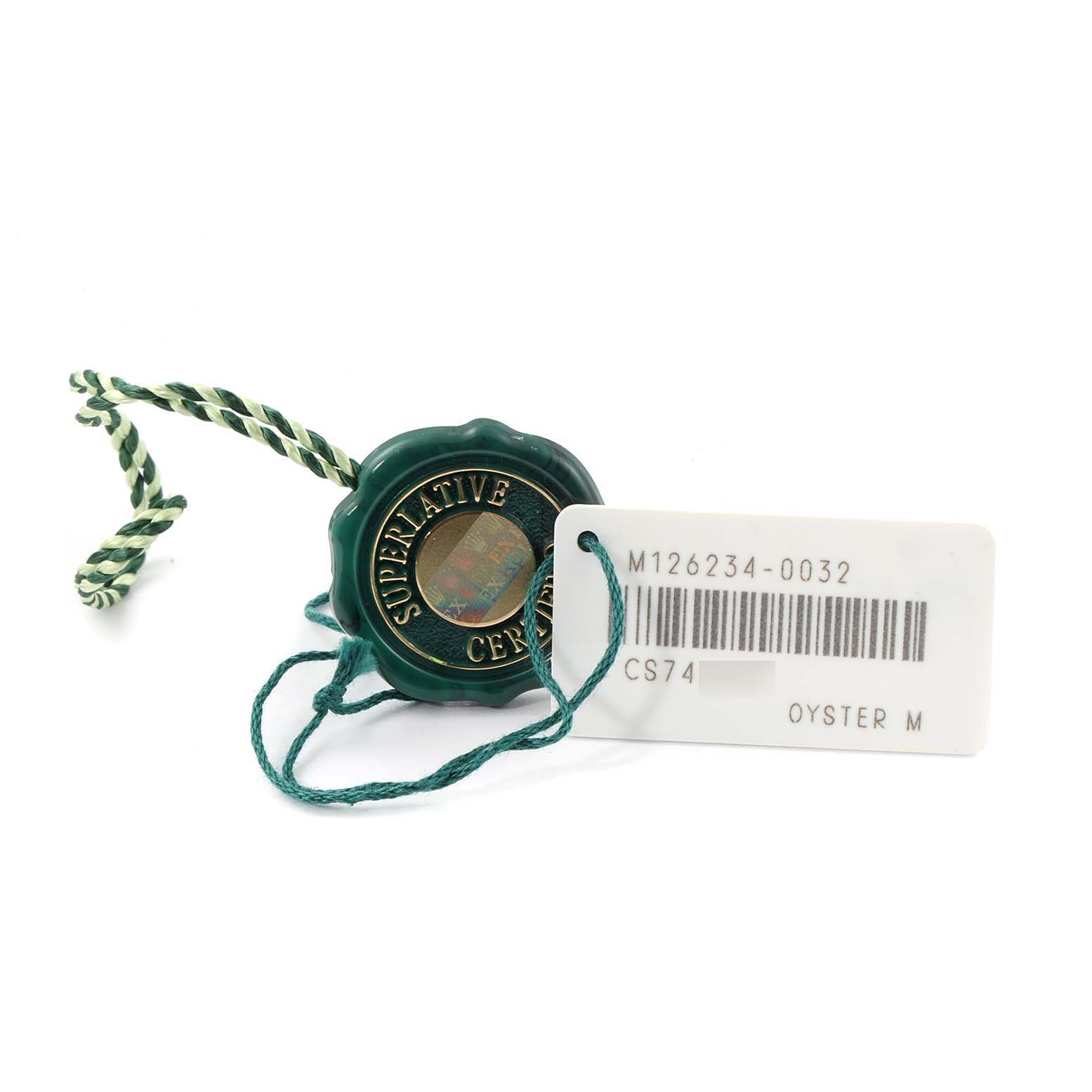 This image shows a green seal tag and a white tag with barcodes for a Rolex Datejust 126234 Men
s Stainless Steel Pink Dial 126234 Men
s Stainless Steel Pink Dial model.