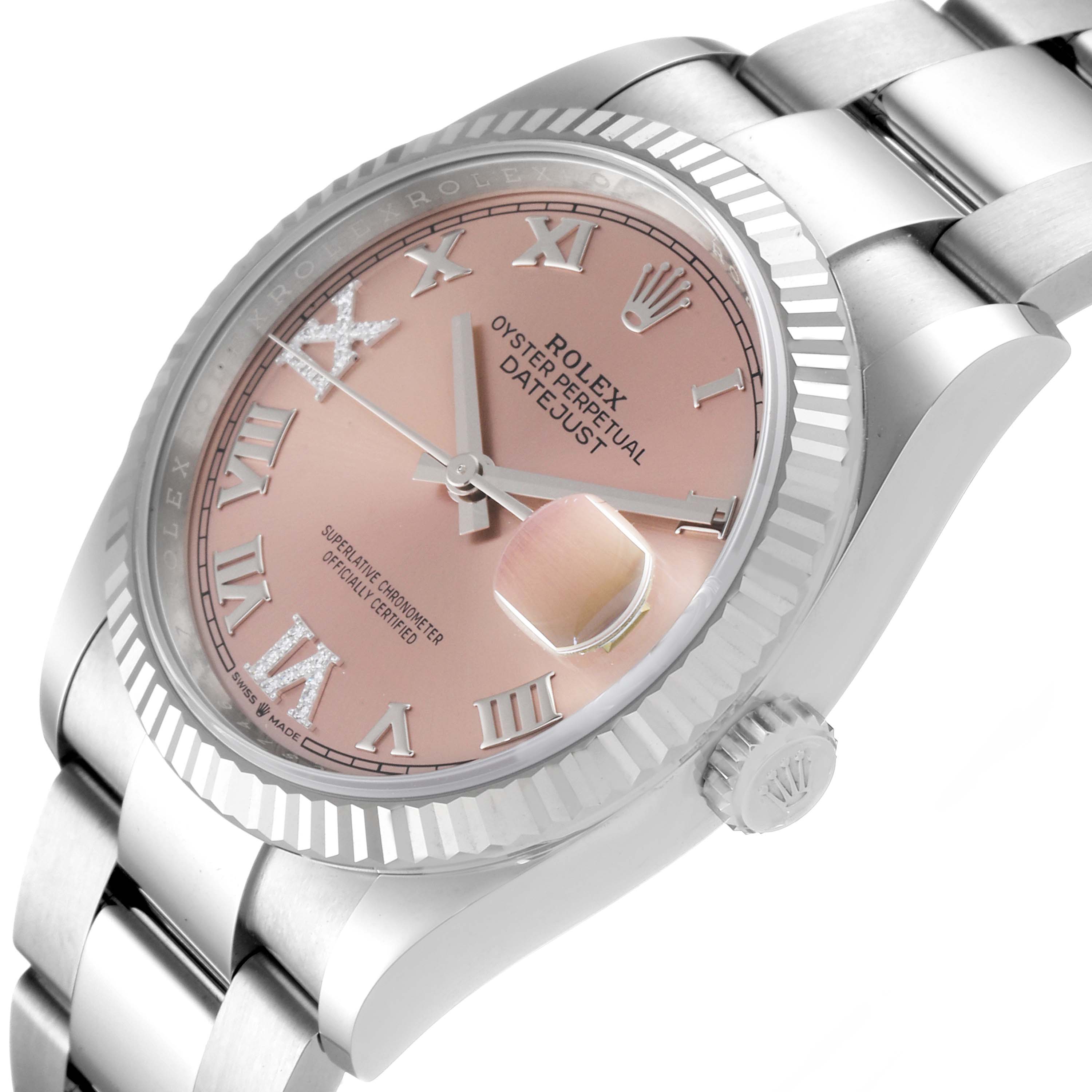 The image shows a close-up, angled view of a Rolex Datejust 126234 Men
s Stainless Steel Pink Dial 126234 Men
s Stainless Steel Pink Dial watch, highlighting the pink dial, Roman numerals, fluted bezel, and part of the bracelet.