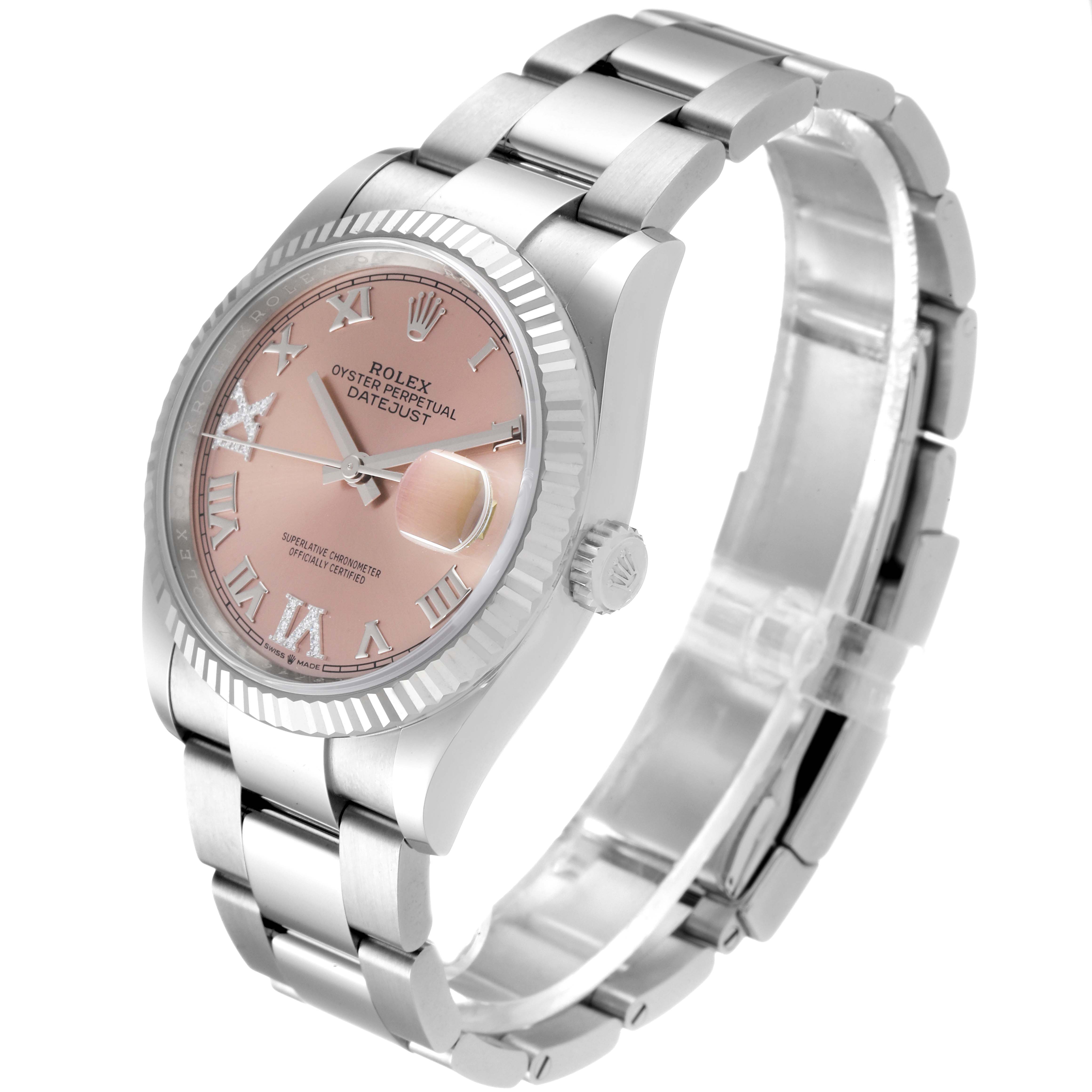 The Rolex Datejust 126234 Men
s Stainless Steel Pink Dial 126234 Men
s Stainless Steel Pink Dial watch is shown from an angled perspective, highlighting the pink dial, fluted bezel, and oyster bracelet.