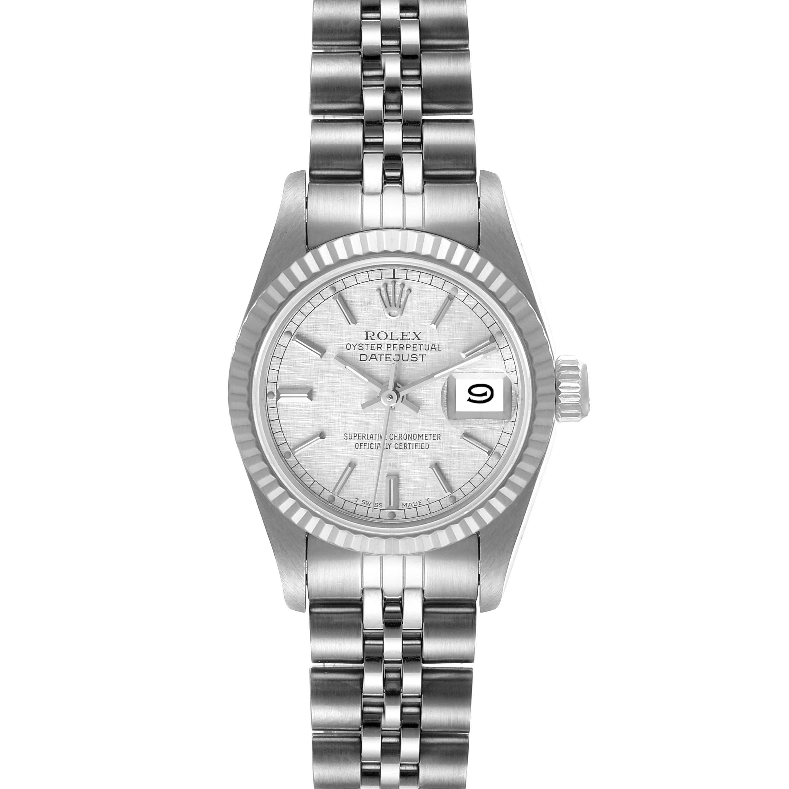 The image shows a front view of a Rolex Datejust 69174 Women
s Stainless Steel Silver Dial 69174 Women
s Stainless Steel Silver Dial watch, displaying its face, bezel, crown, and bracelet.