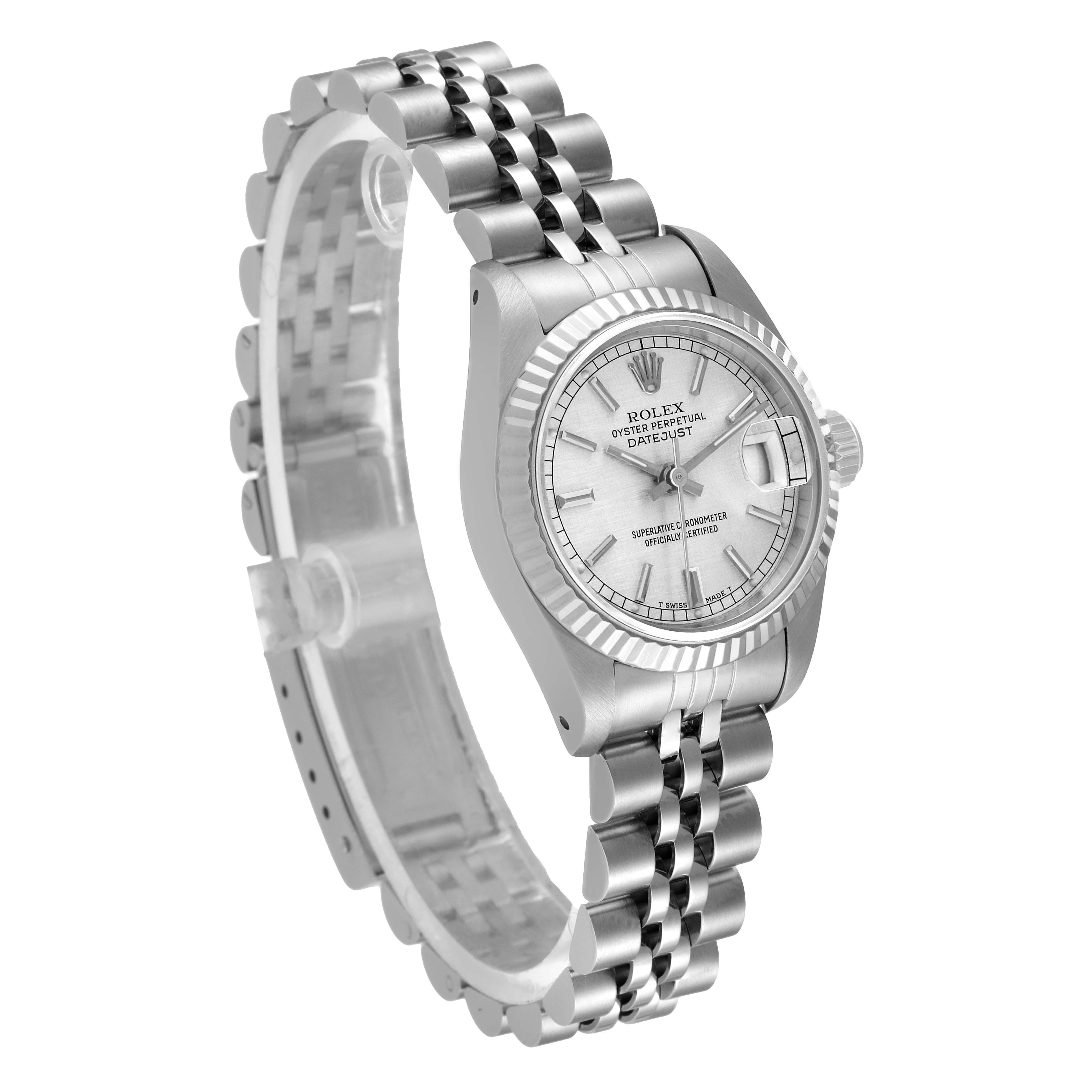 This image shows a Rolex Datejust 69174 Women
s Stainless Steel Silver Dial 69174 Women
s Stainless Steel Silver Dial watch at a slight angle, highlighting the face, bezel, and metal bracelet.